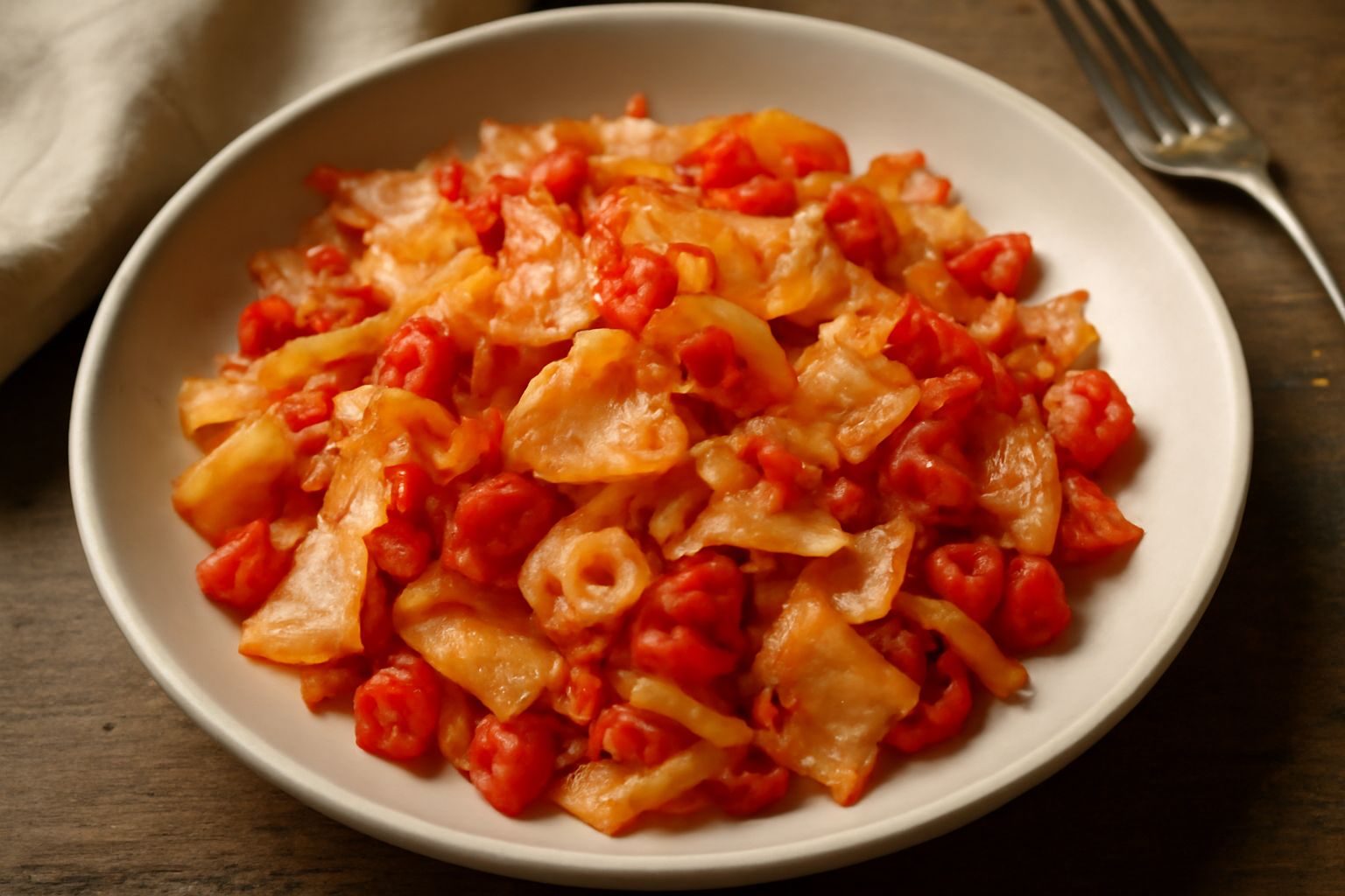 Piatto di pasta 'nfriula dorata e croccante, condiita con pomodori rossi tagliati a dadini, aglio fresco e peperoncino rosso, servita su un piatto bianco con tovaglia bianca di lino