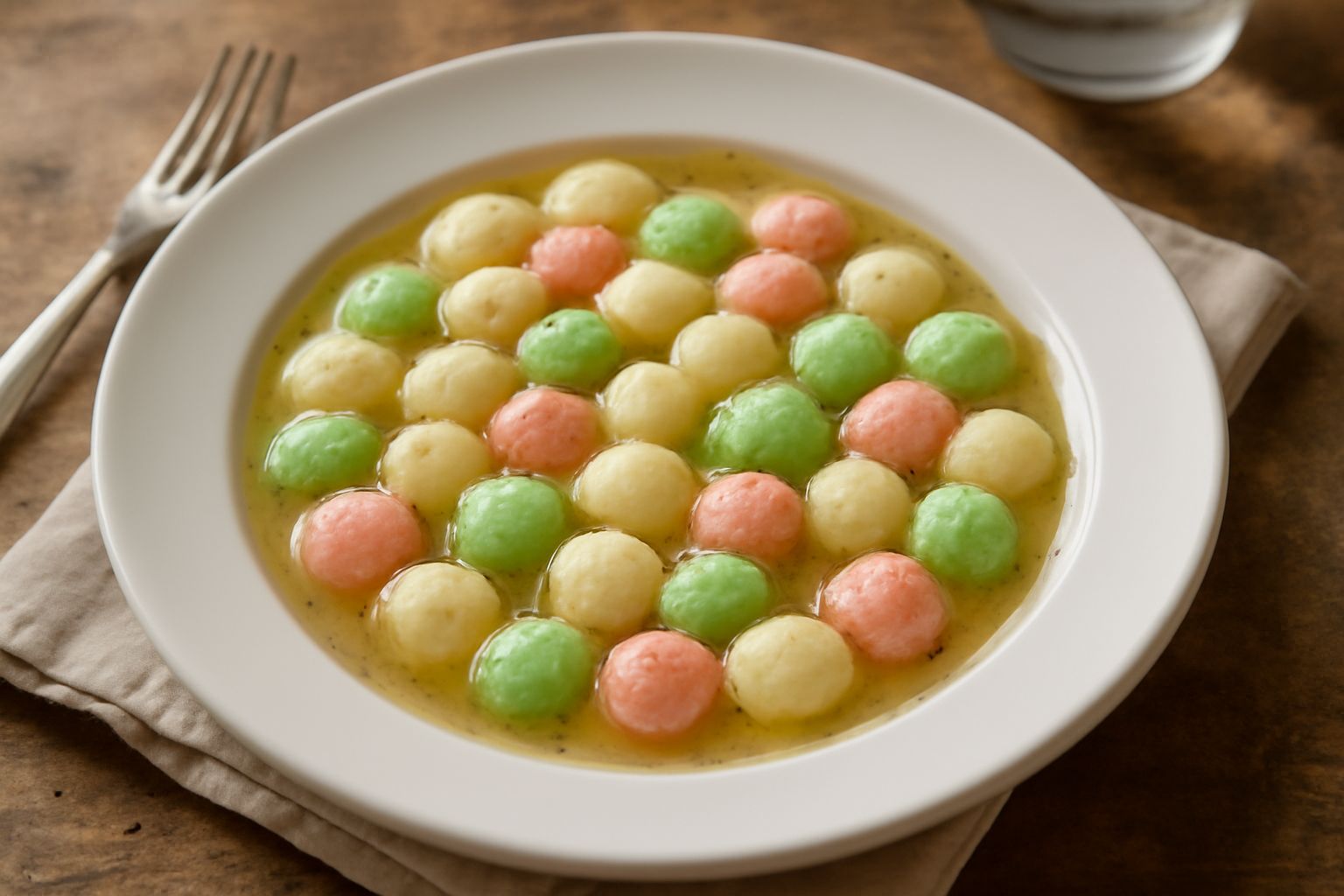 Pasta reale colorata in diverse tonalità, modellata a forma di frutta e foglie, disposta su un piano di marmo bianco con un mattarello in legno e ciotole di mandorle macinate