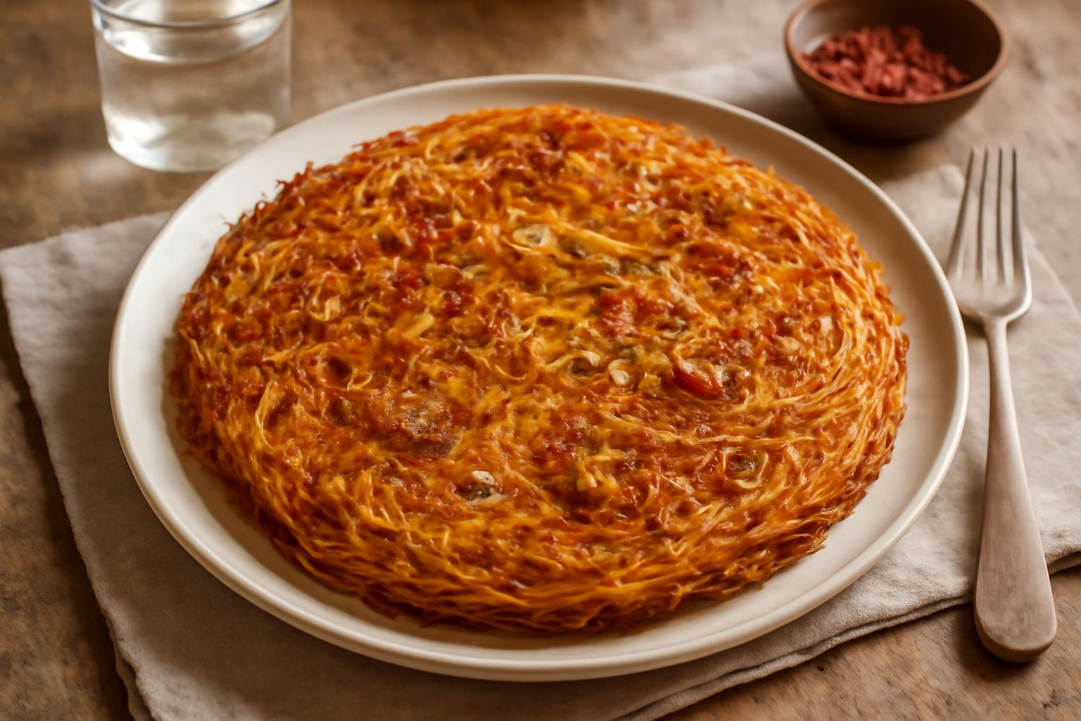 Pasta bionda e croccante in una padella antiaderente, con spicchi d'aglio dorati, peperoncino rosso visibile e un filo d'olio lucente