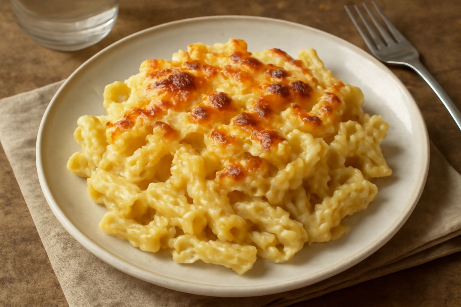 Pasta al forno in pirofila di ceramica: massa cremosa dorata in superficie, formaggio fuso e gratinato, tracce di salsa rossa tra i maccheroni, guarnita con prezzemolo fresco