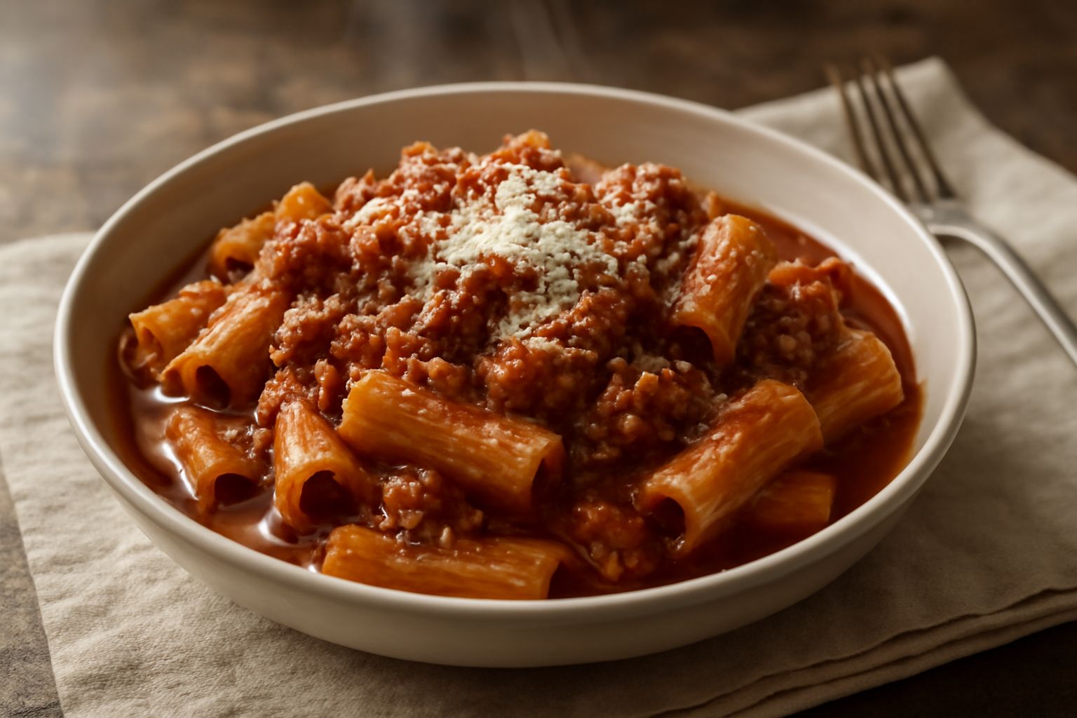 Piatto di rigatoni al ragù rosso scuro, gli tubetti rigati ricoperti di salsa marrone-rossa, grattugia di parmigiano bianco sparsa sopra, cucchiaio di legno appoggiato a lato, fondo bianco luminoso