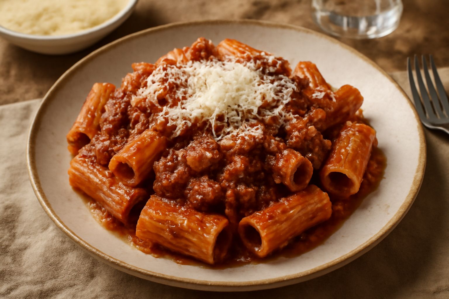 Piatto di rigatoni al ragù di carne, pasta rigatonata e rossa per il sugo denso di carne macinata, grattugia di pecorino romano a fiocchi bianchi, tavolo di legno scuro