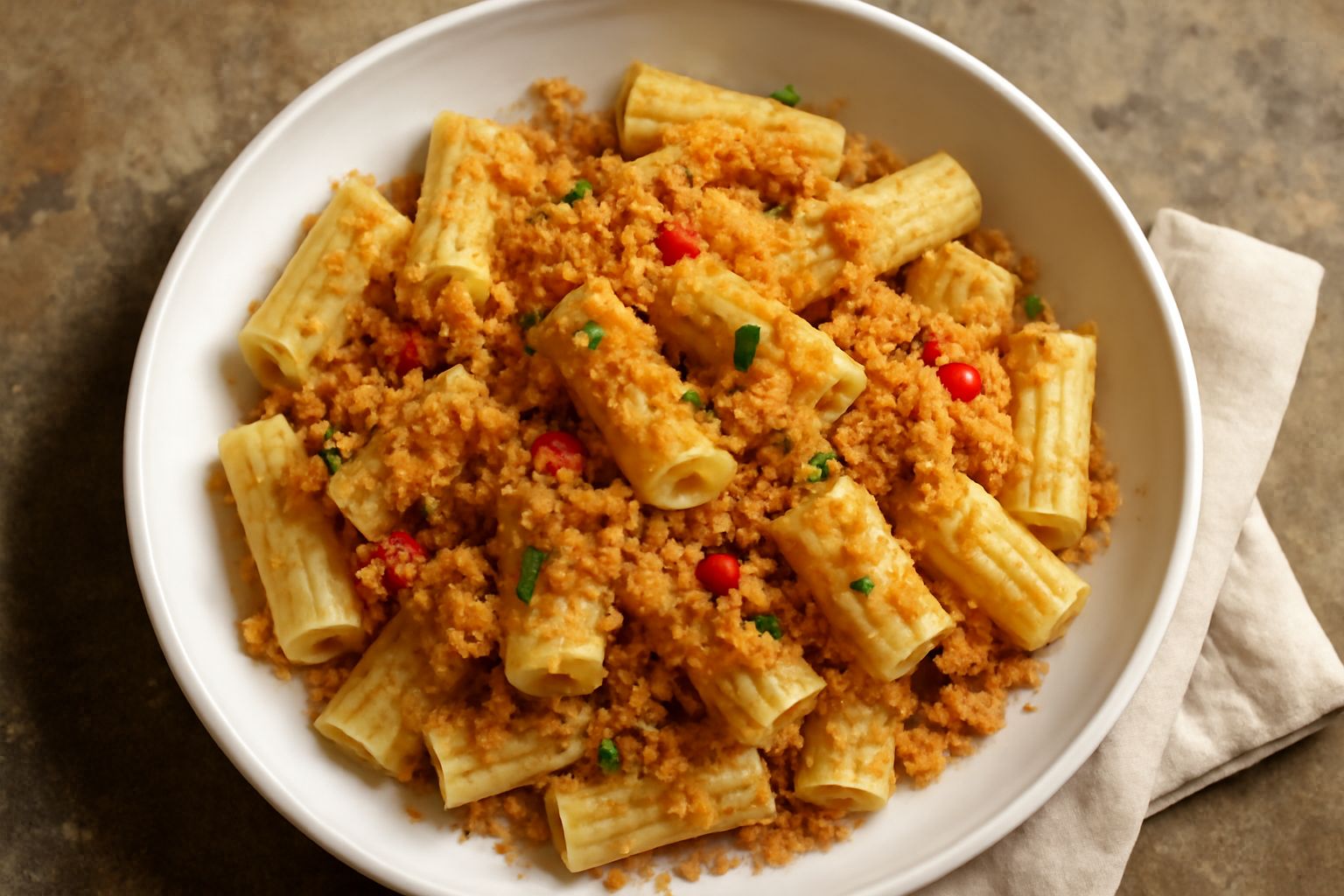 Piatto di rigatoni con le briciole dorate, briciole croccanti visibili sui tubetti di pasta, in una ciotola bianca con filo di olio d'oliva, aglio tritato e peperoncino rosso sparsi in superficie