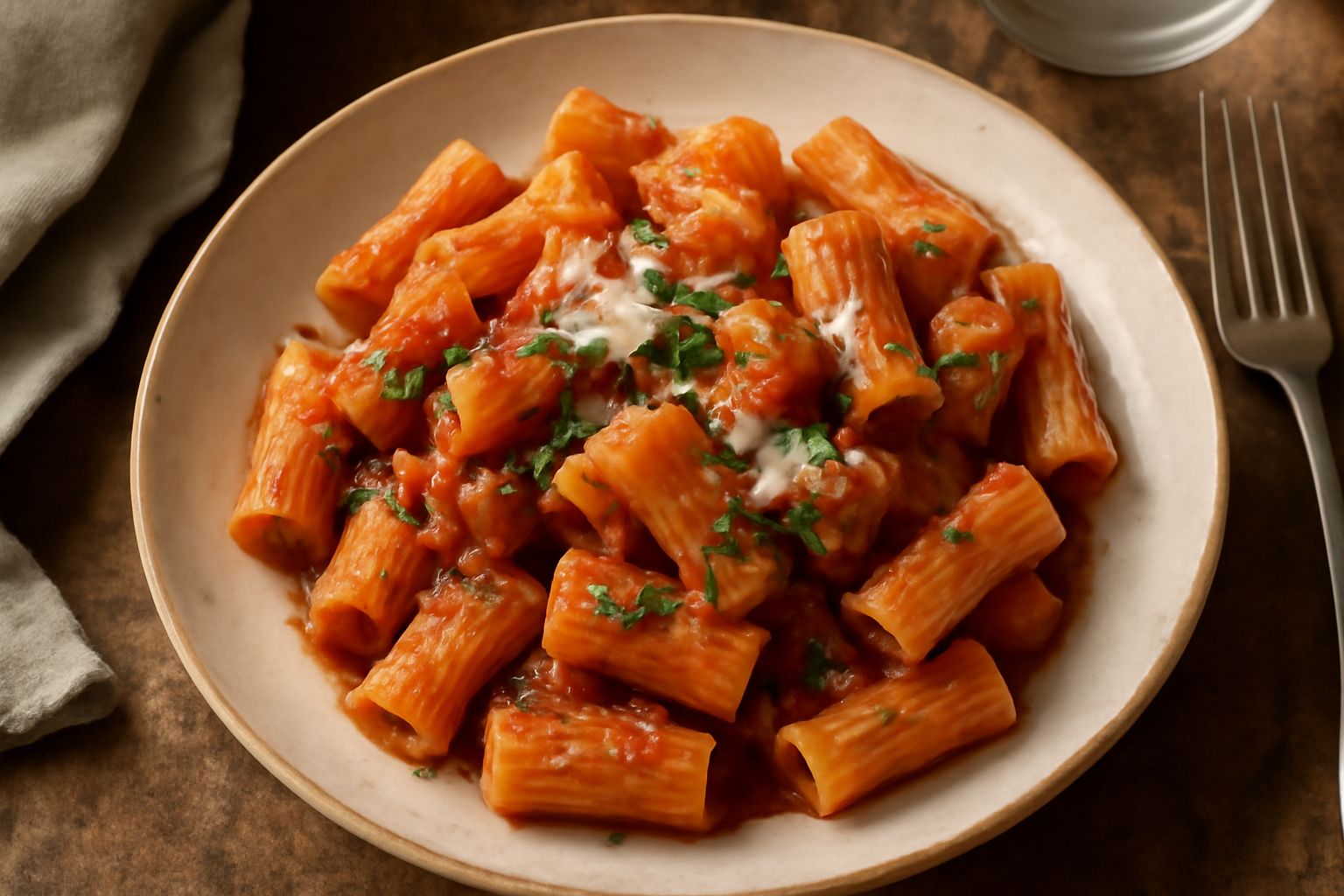 Piatto di rigatoni bianchi con sugo rosso pomodoro e verdure tritate, guarnito con basilico fresco e fiocchi di parmigiano, impiattamento rustico in ciotola di ceramica