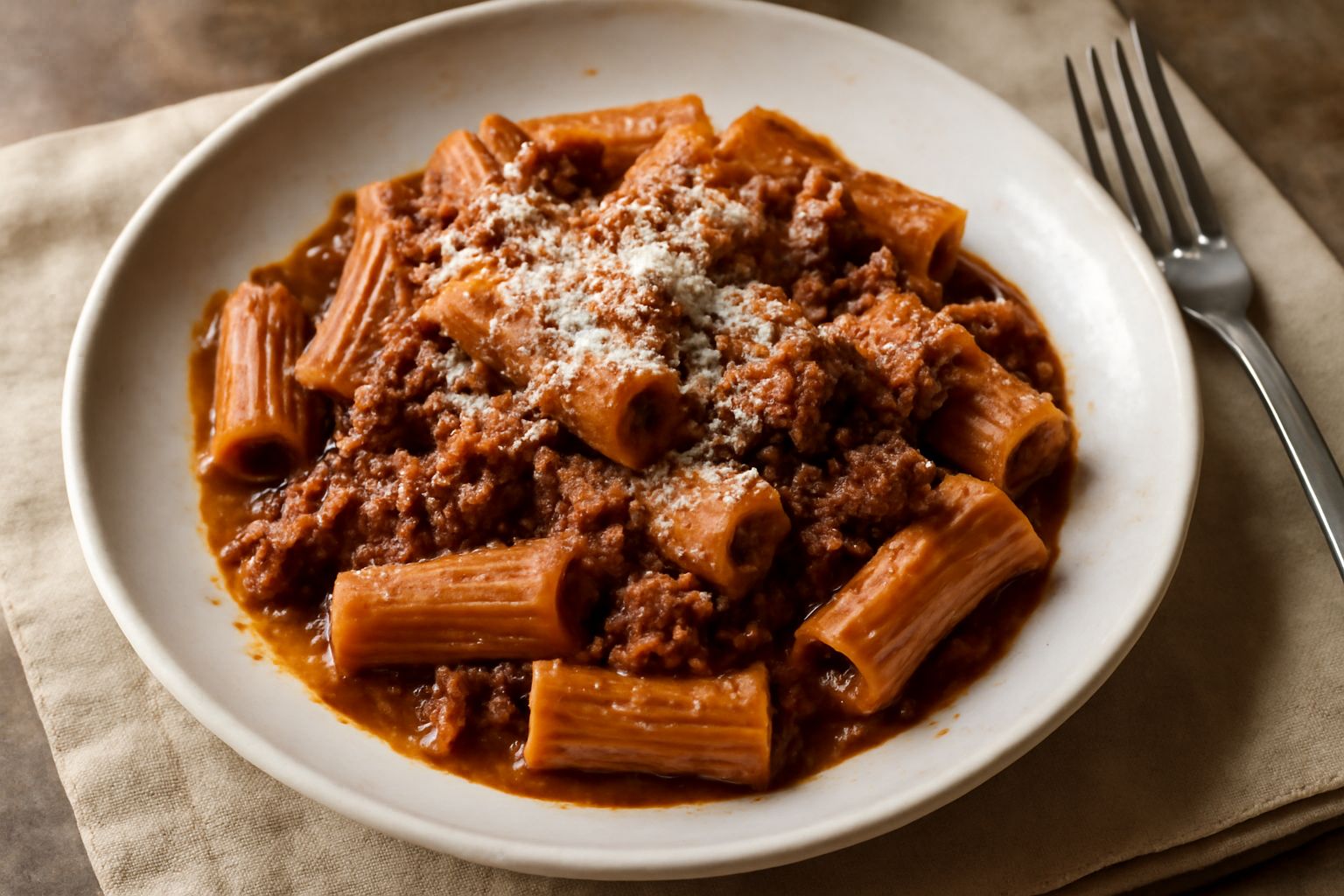 Piatto di pasta rigatoni con ragù marrone scuro, spolverato di parmigiano grattugiato bianco, in un piatto bianco fondo, illuminato da luce naturale