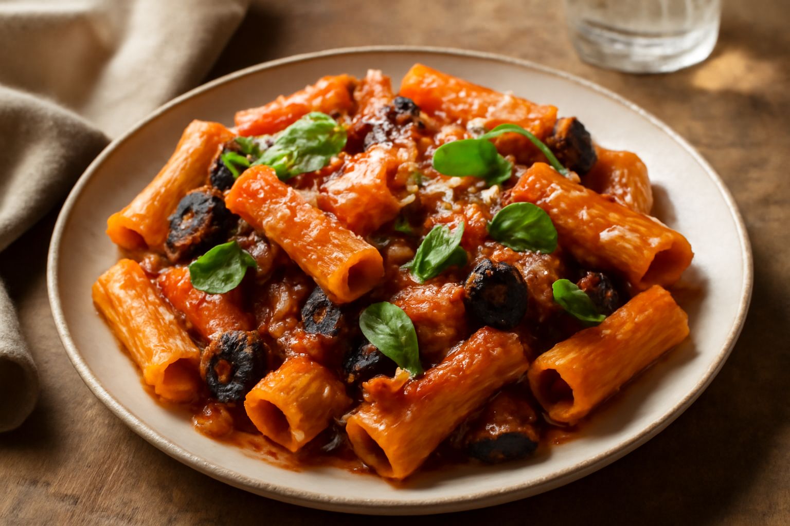 Piatto di rigatoni cu' la norma servito in una ciotola bianca, con melanzane scure e morbide, pomodoro rosso vivo, basilico verde e ricotta salata grattugiata bianca in superficie