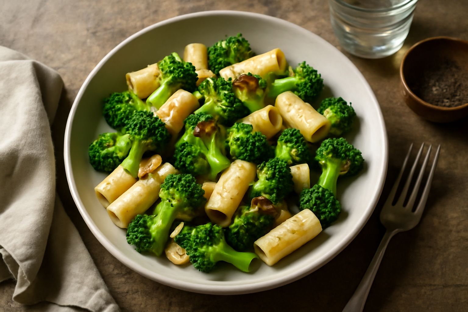 Piatto di rigatoni con broccoli verdi saltati, aglio dorato, olio brillante, servito in ciotola bianca con due cucchiai di legno