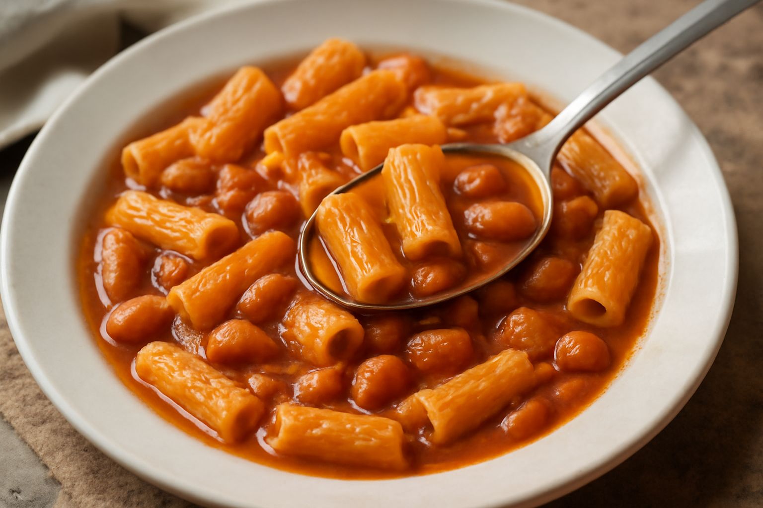 Piatto di rigatoni con fagioli bianchi e rossi in sugo di pomodoro, guarnito con prezzemolo fresco e grana grattugiato, su fondo bianco