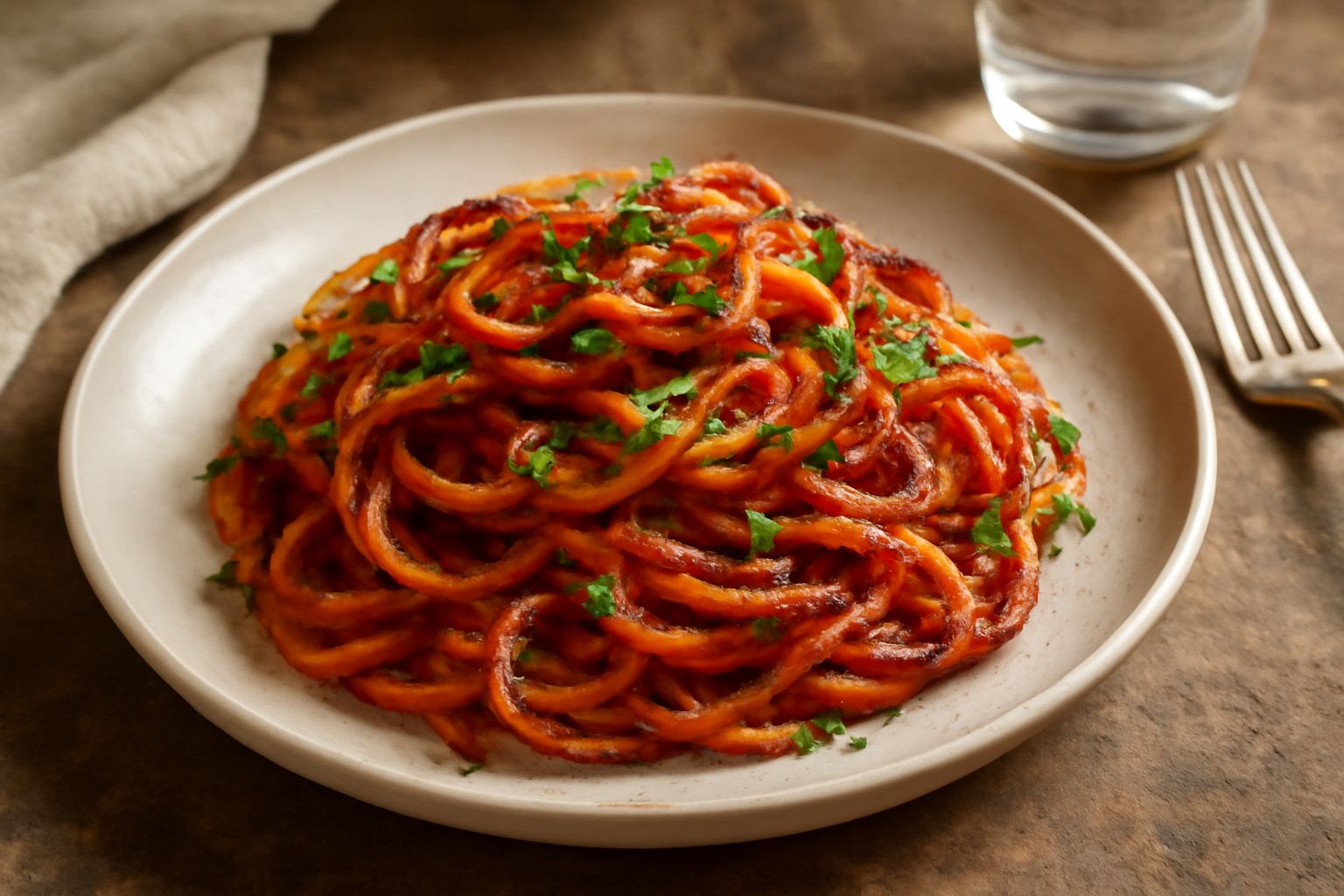 Piatto di pasta ripassata con spaghetti e penne dorati e croccanti, salsa di pomodoro rosso intenso, prezzemolo fresco verde su piatto bianco, olio lucido sulla superficie