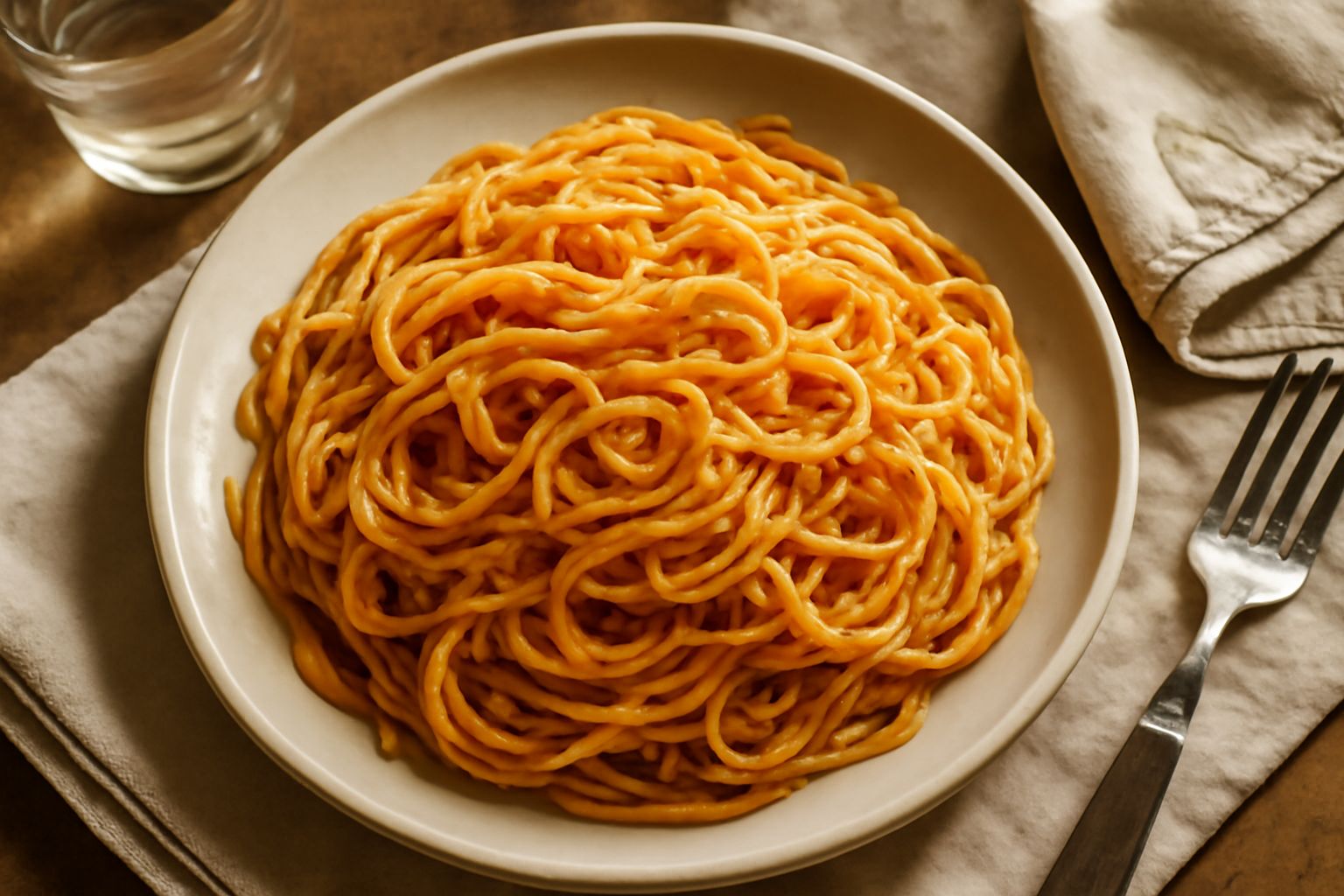 Pasta ripassata in padella dorata e croccante con aglio e peperoncino, servita in un piatto bianco su sfondo di cucina moderna