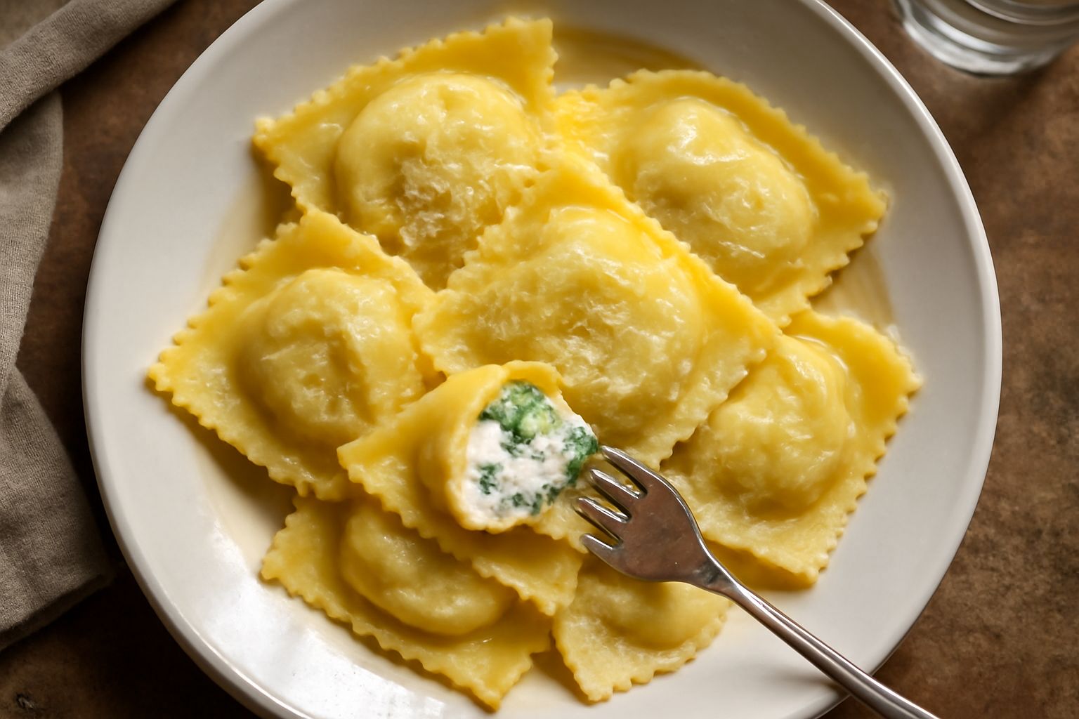 Piatto di pasta ripiena con ricotta e spinaci, quattro ravioli tondi su fondo bianco impiattati con burro fuso e parmigiano grattugiato, vapore leggero visibile