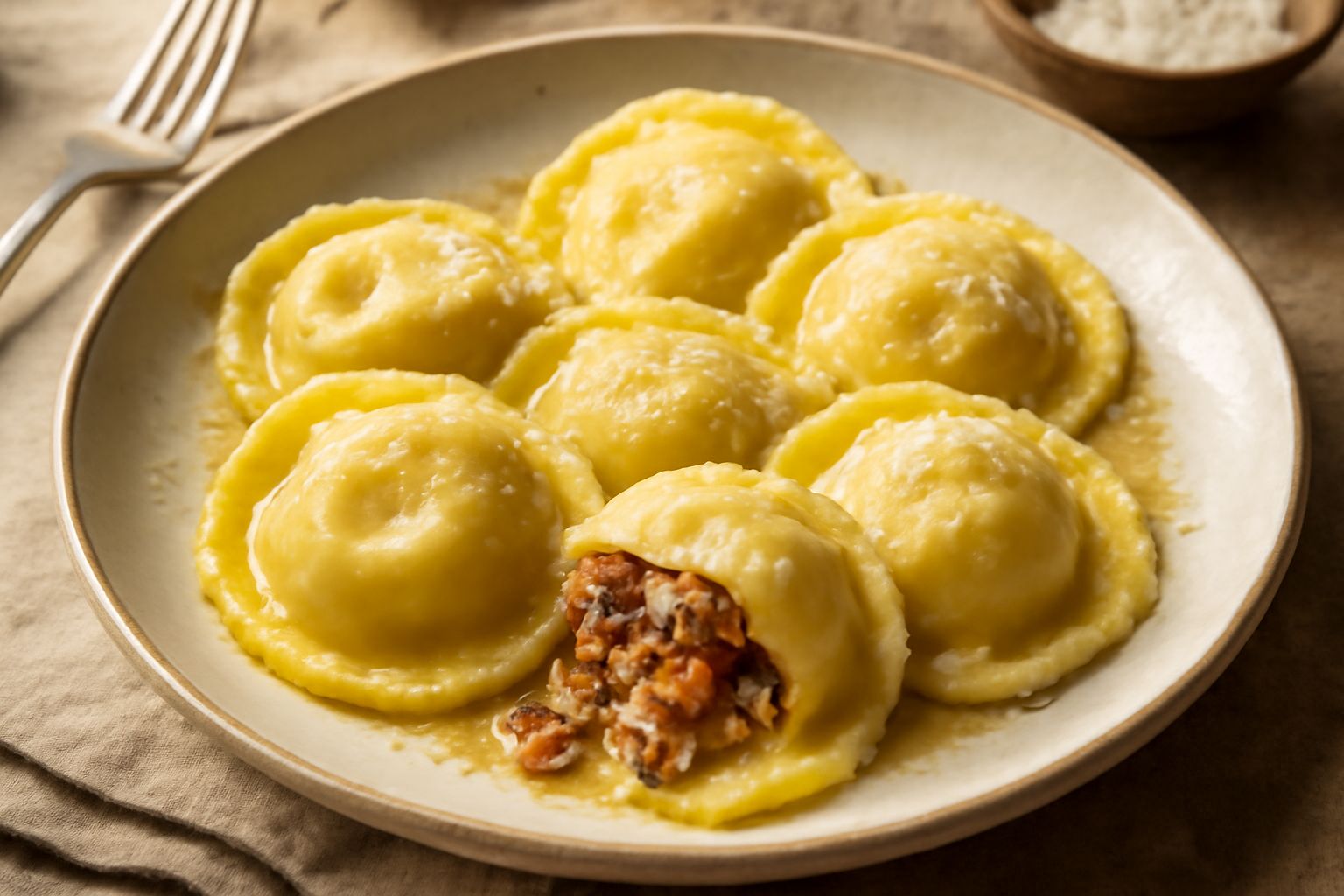Piatto di pasta ripiena appena servita, forme piene e rotonde con bordi sigillati, superficie leggermente ondulata dal ripiegamento della sfoglia, coperta di burro fuso e salvia, guarnita con scaglie