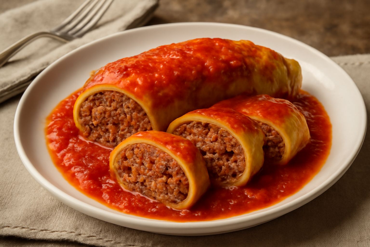 Piatto di pasta ripiena di braciole tagliata a rondelle, con ripieno di carne rossa e piccoli pezzetti di uvetta e pinoli visibili nella sezione. Coperta di sugo di pomodoro rosso intenso e cosparsa d