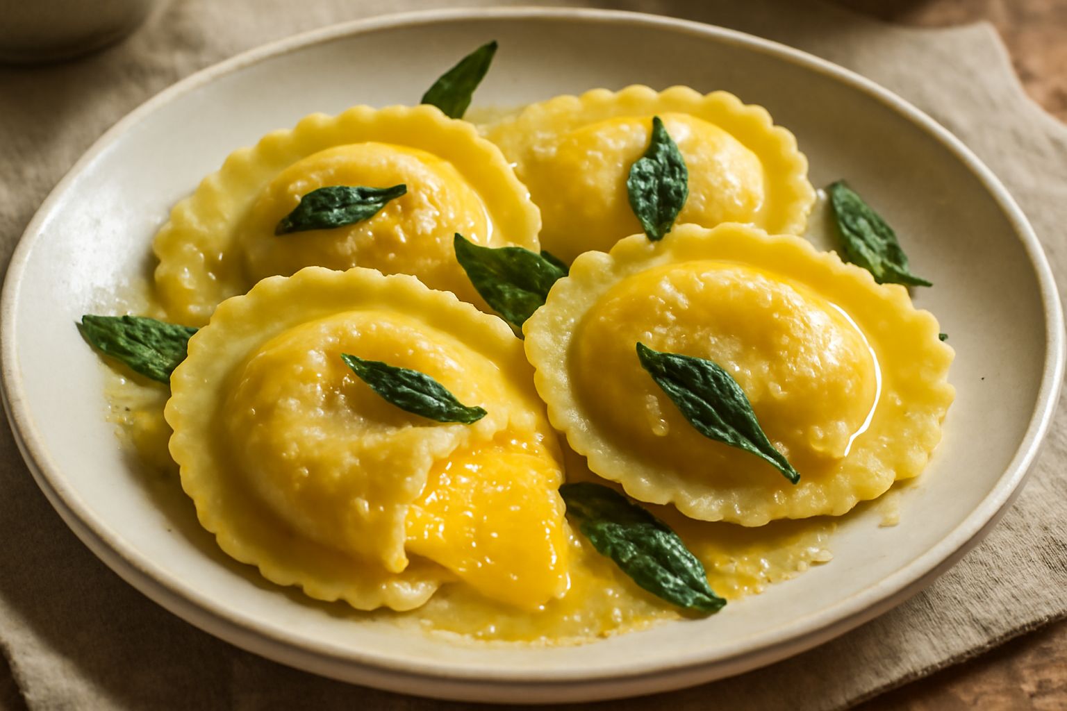 Piatto di pasta ripiena di formaggio e uova con salsa di burro e salvia, porzioni ben piene dal ripieno cremoso giallognolo, cibo fumante appena servito