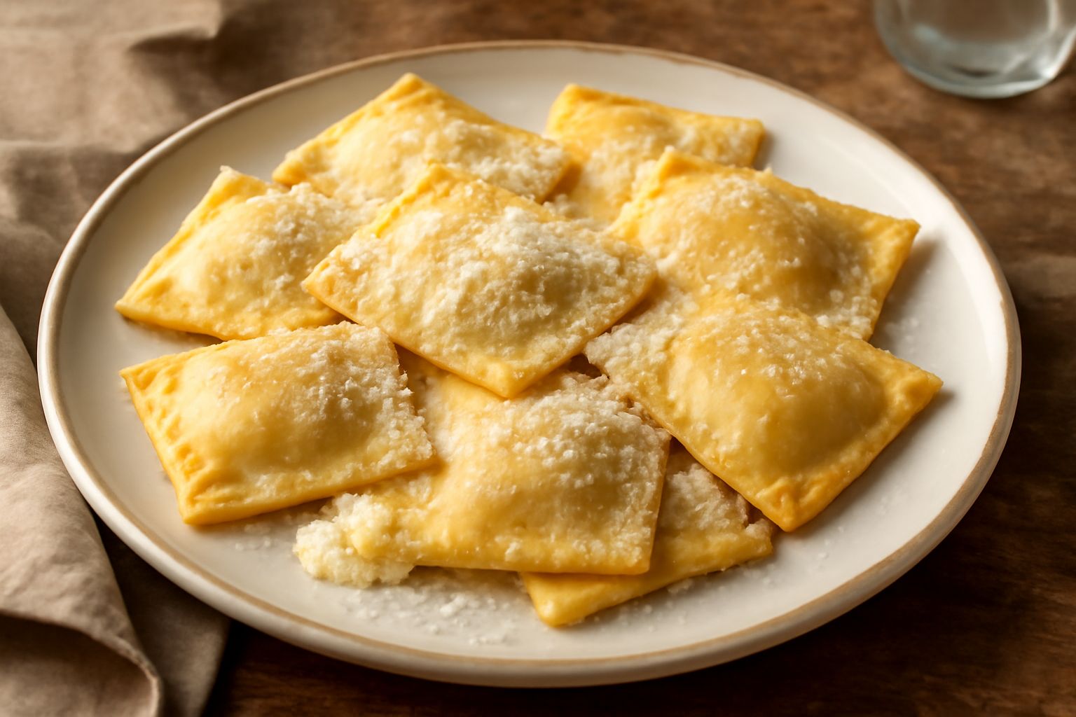 Piatto di pasta ripiena di ricotta appena servito, quadrati di sfoglia dorata con ripieno cremoso bianco che esce dai bordi, spolverato di parmigiano grattugiato e una foglia di salvia fresca, fondo b