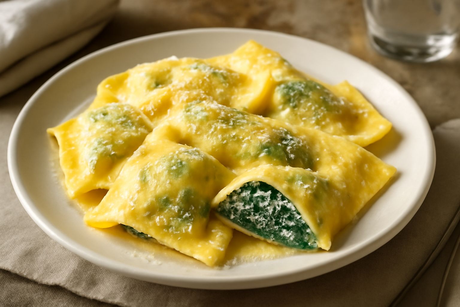 Piatto di pasta ripiena di ricotta e spinaci, pasta fresca all'uovo ripiegata e riempita di colore verde intenso, condita con burro fuso e parmigiano grattato fresco, su piatto bianco fondo scuro