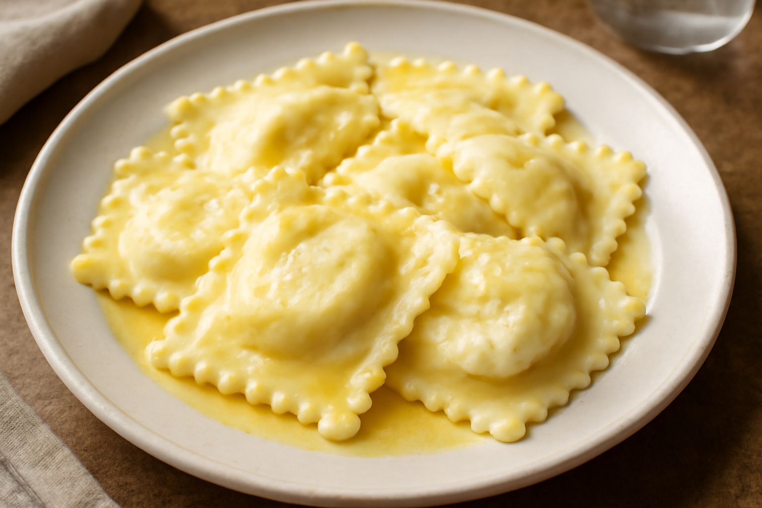 Piatto di pasta ripiena di ricotta e uova servita con burro fuso, salvia verde e una spolverata di parmigiano reggiano, su un piatto bianco, accanto a un bicchiere di vino bianco.