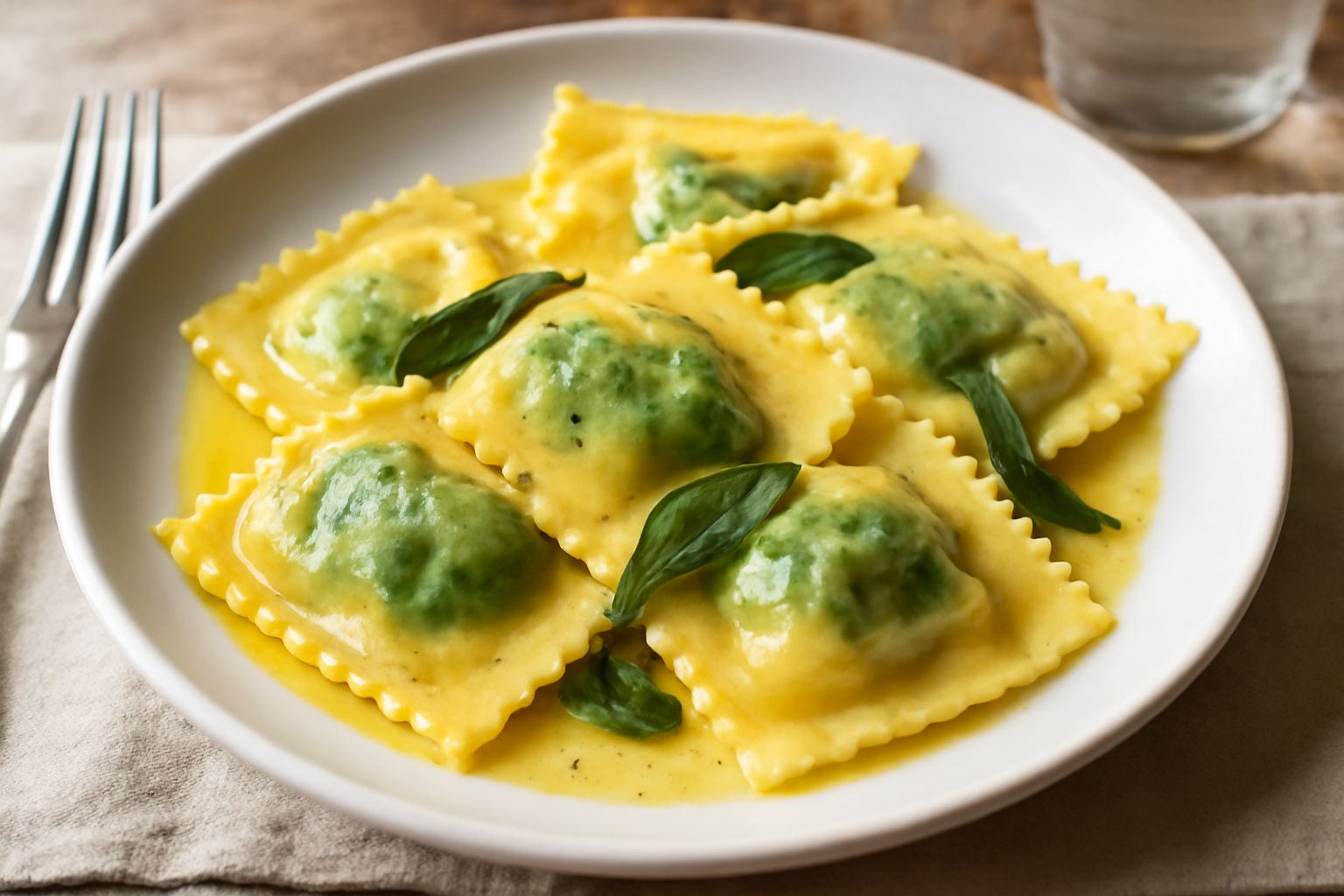 Piatto bianco con ravioli ripieni di verdure appena cotti, conditi con burro fuso e salvia, coperti leggermente di parmigiano grattugiato, con spinaci freschi come guarnizione sul bordo