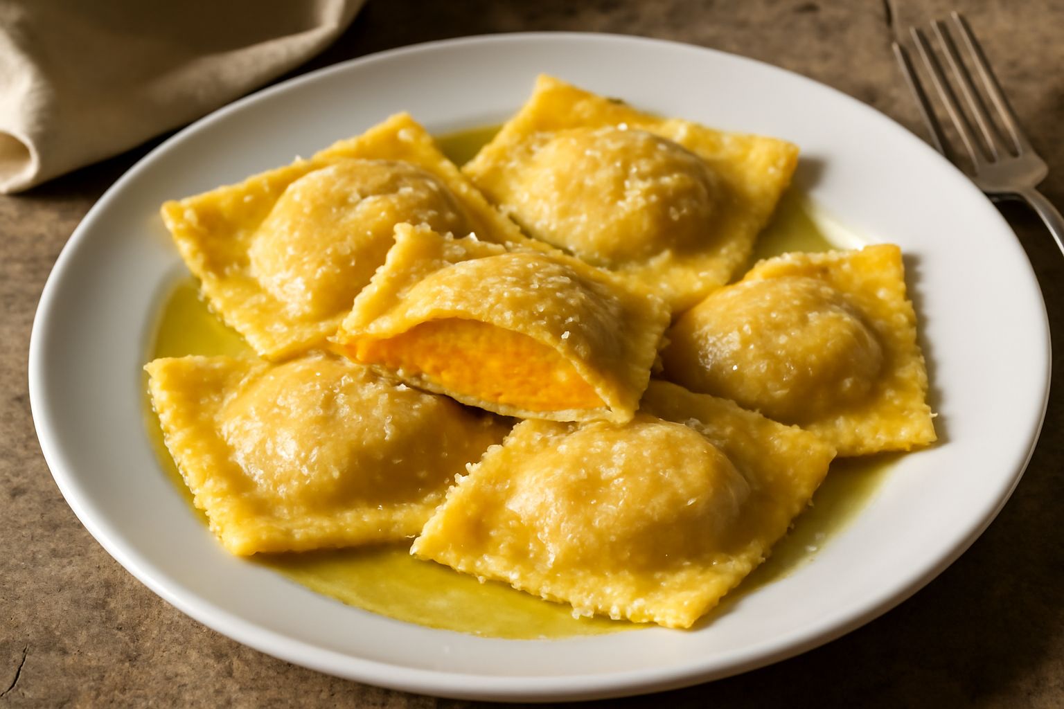 Piatto di ceramica bianca con pasta ripiena di zucca, i ravioli di forma quadrata mostrano il ripieno giallo arancio dal bordo, conditi con burro fuso e foglie di salvia fresca verde, spolverati di pa