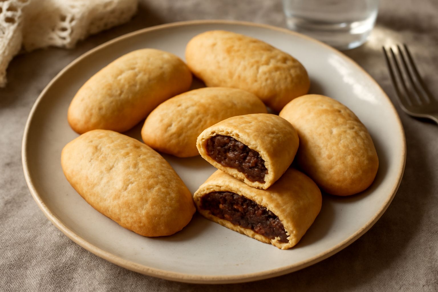 Biscotti di pasta frolla ovali ripieni di uvetta, noci e spezie, impilati su un piatto bianco, sezione trasversale che mostra il ripieno scuro, superficie dorata e leggermente infarinata