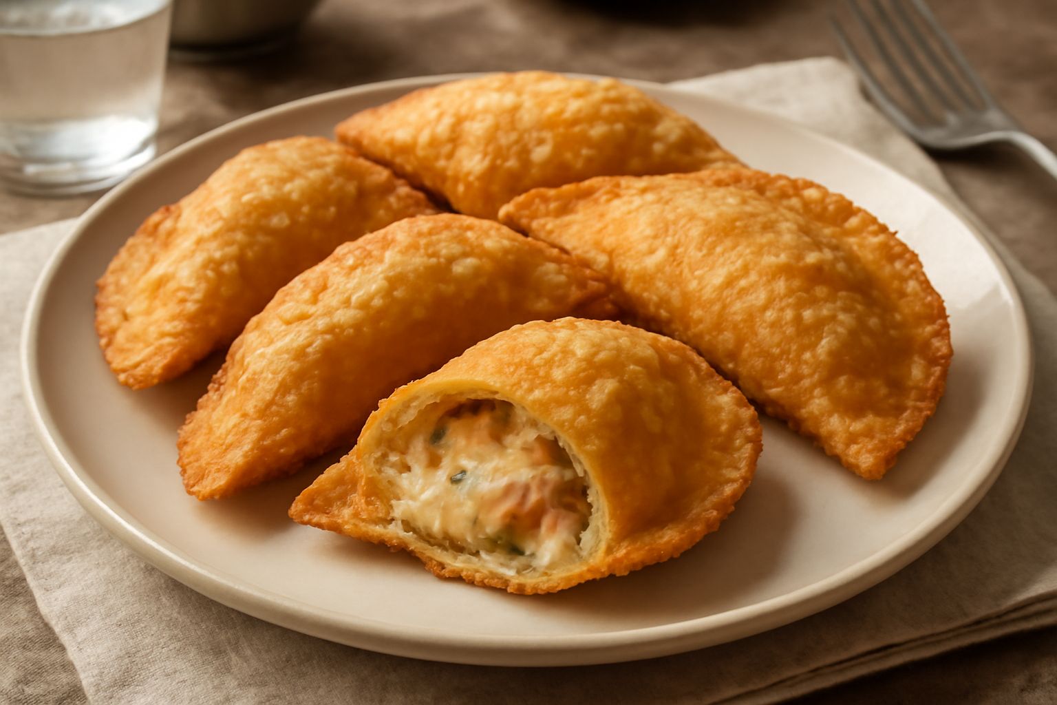 Pasta ripiena fritta dorata su un piatto bianco con sfoglia croccante visibile in sezione, vapore leggero che sale dal ripieno caldo, guarnita con prezzemolo fresco