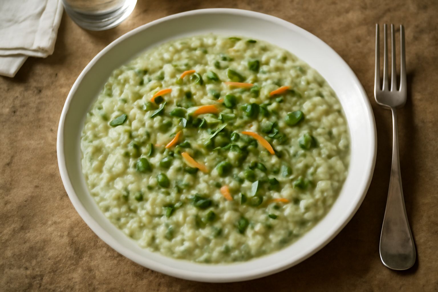 Piatto di pasta risottata cremosa dai toni chiari e verdi, con verdure piccole tagliate distribuite uniformemente, grattugiata di parmigiano bianco, vapore ancora visibile sulla superficie, servita in