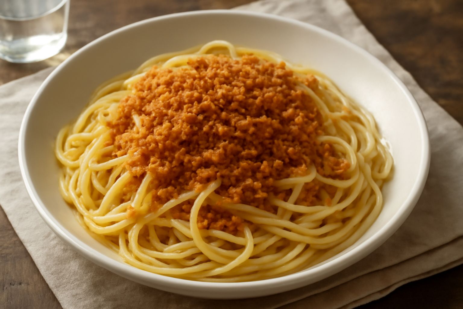 Piatto di pasta lunga color avorio-beige con pangrattato marrone dorato e tostato distribuito uniformemente sulla superficie, condita con gocce di olio verde chiaro e filetti sottili di aglio affumica