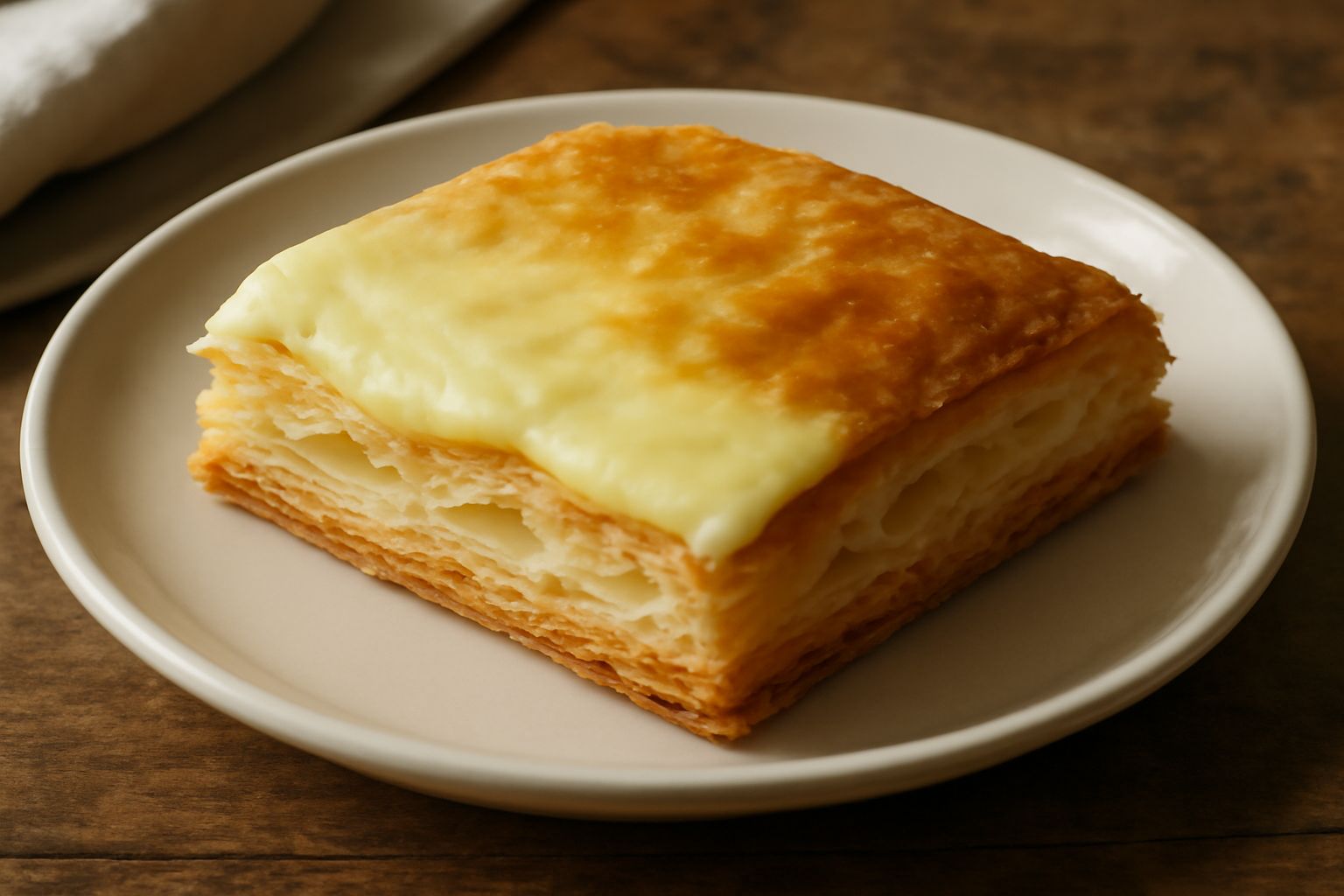 Pasta sfoglia dolce sfogliata appena tolta dal forno, di colore dorato uniforme, con i bordi leggermente rialzati e la superficie croccante visibile, posata su carta da forno bianca