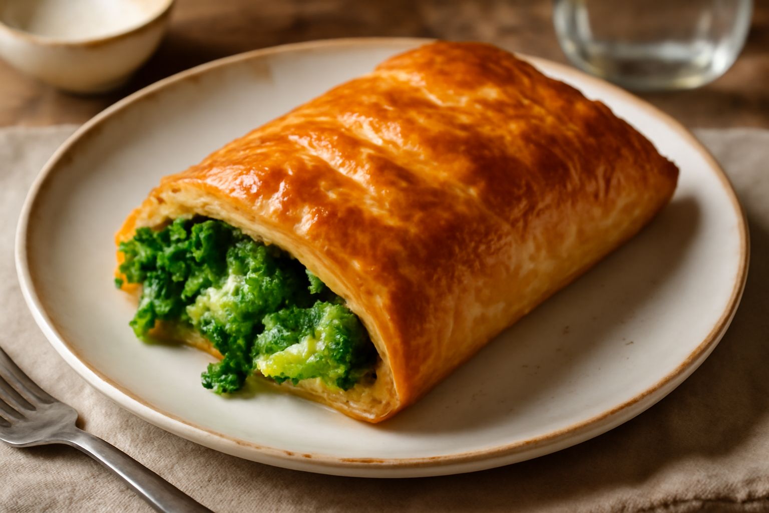 Pasta sfoglia dorata e croccante ripiegata su se stessa, ripiena di broccoli verde scuro e formaggio bianco, tagliata a metà su un piatto bianco con spicchi di limone fresco