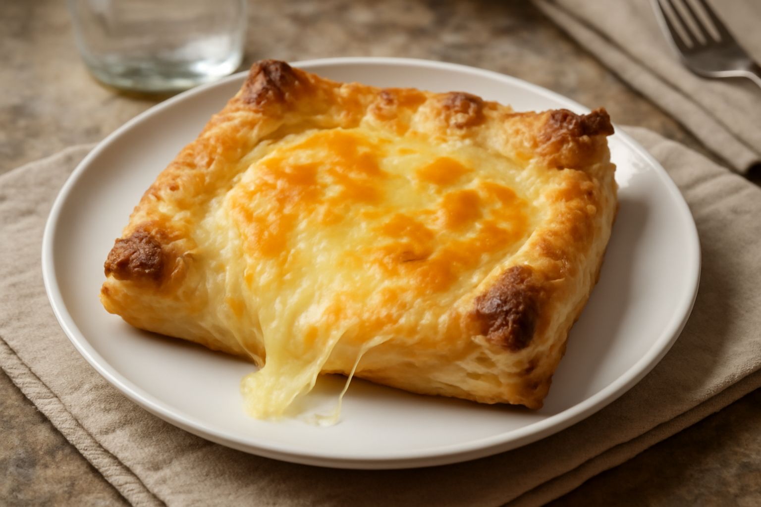 Sfoglia rettangolare dorata e croccante con formaggio filante che esce dai bordi, posata su carta bianca con briciole di pasta intorno