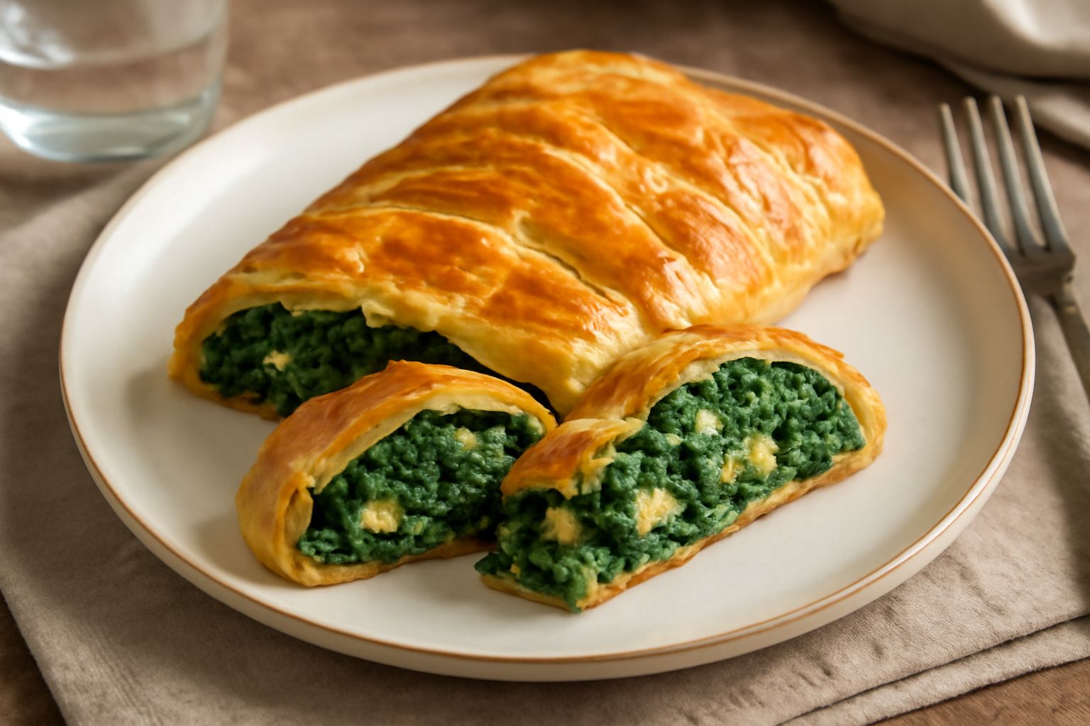 Sfoglia dorata e croccante ripiena di spinaci verdi, tagliata a spicchi triangolari su piatto bianco, con spigoli croccanti visibili e interno verde intenso del ripieno