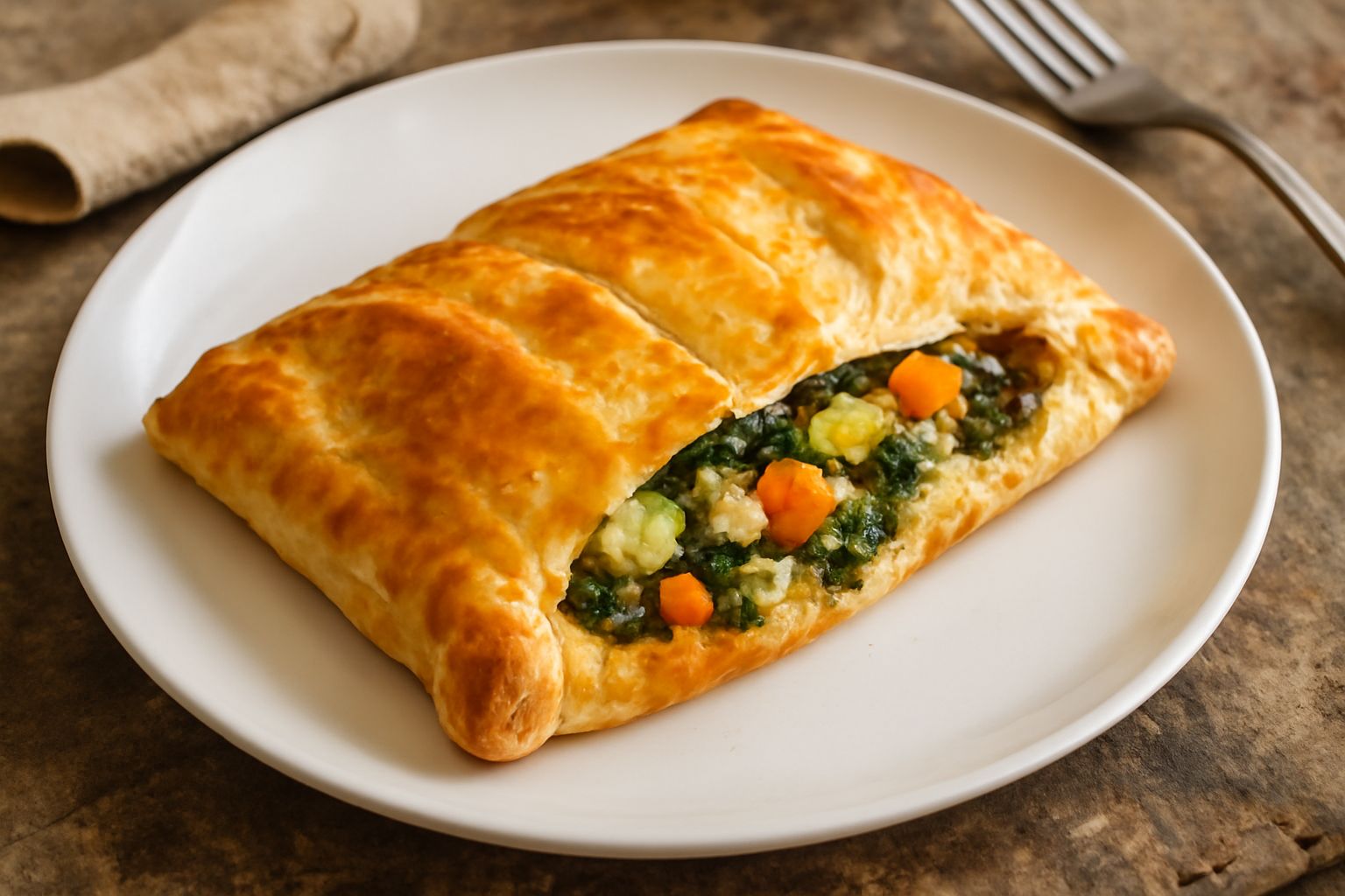 Sfoglia rettangolare dorata e croccante tagliata a fette, che mostra il ripieno variopinto di zucchine verdi, peperoni rossi, melanzane viola e formaggio bianco all'interno, posata su un piatto bianco