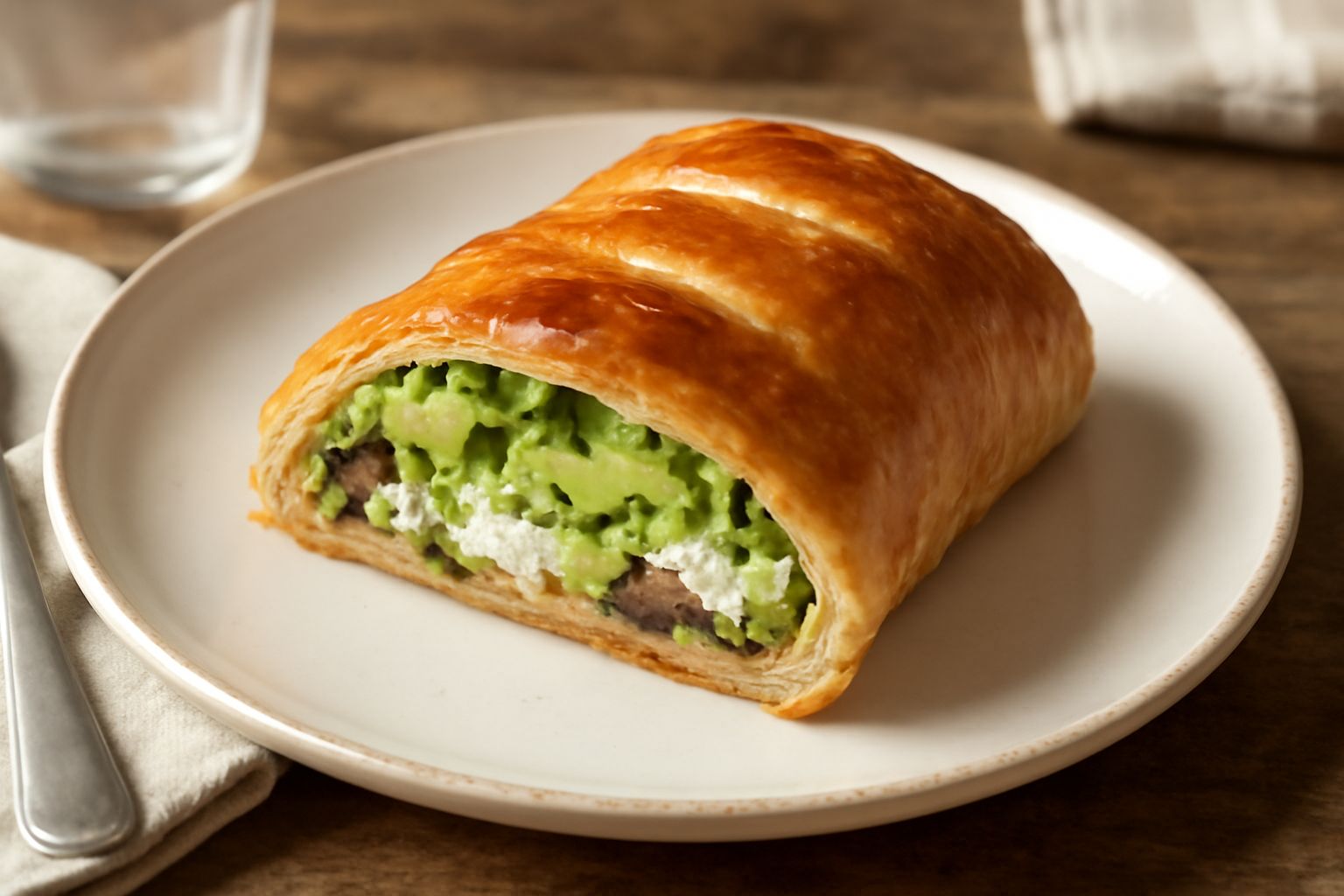 Tre involtini di pasta sfoglia dorata croccante, ripieni di zucchine verdi e ricotta bianca, disposti su un piatto bianco con limone fresco e prezzemolo