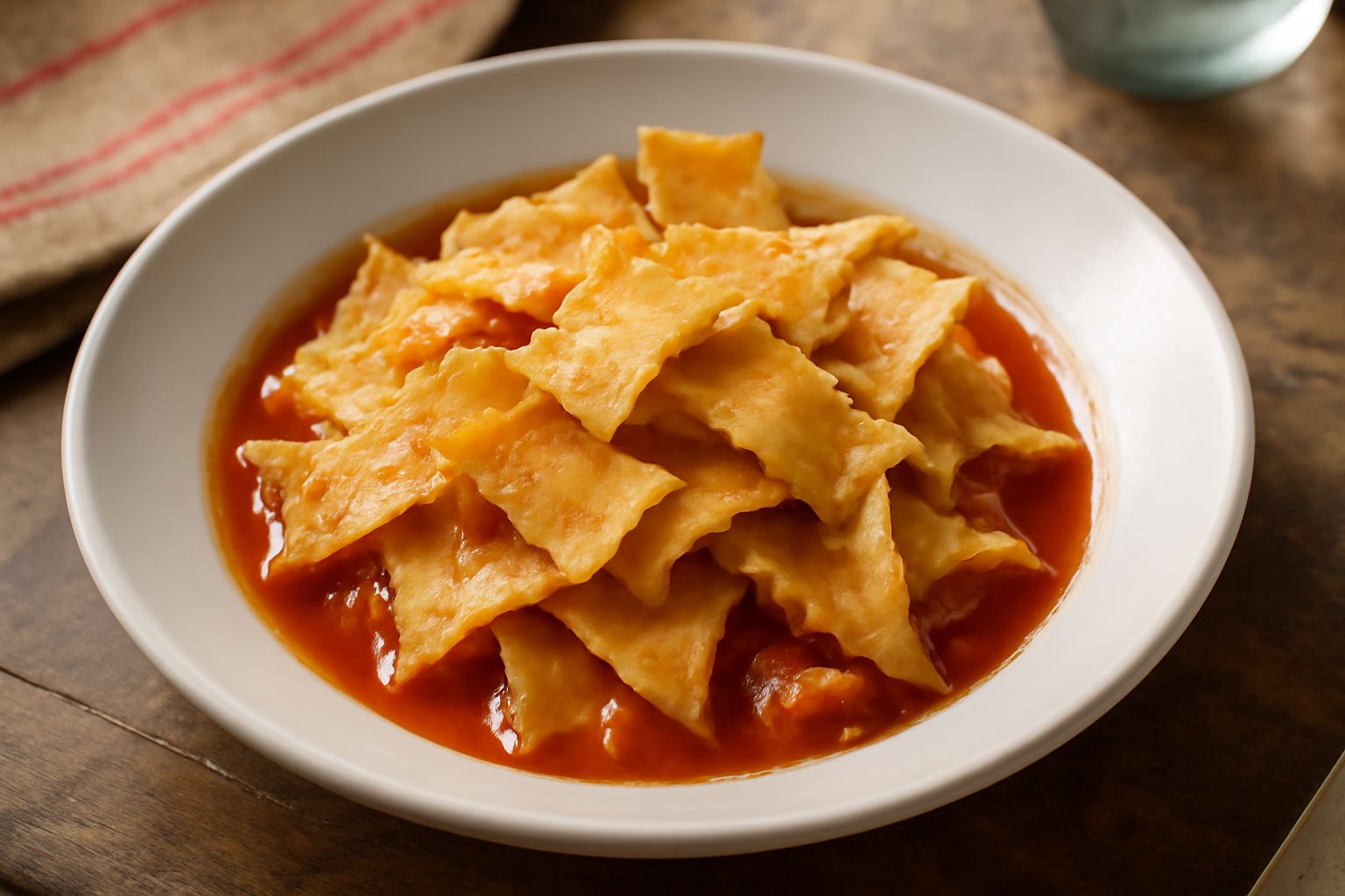 Pasta strappata in un piatto di porcellana bianca, condita con salsa di pomodoro fresco e basilico verde, bordi ruvidi e irregolari, aglio dorato nel sugo, parmigiano grattato sopra