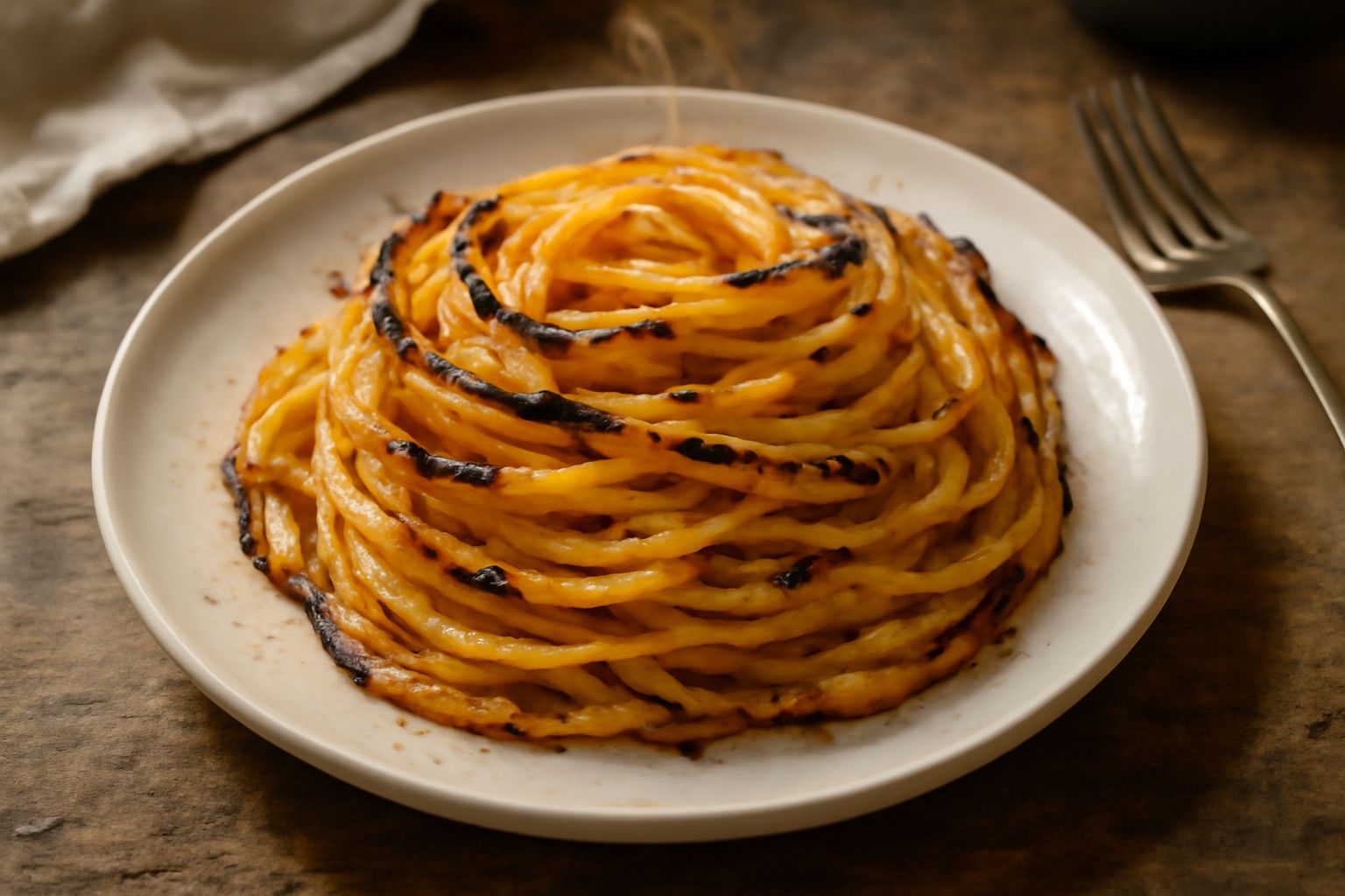 Pasta dorata e lievemente carbonizzata su piatto bianco, con pomodori freschi tritati e basilico verde, sale e filo di olio extravergine, vapore ancora visibile dalla cottura su bracia