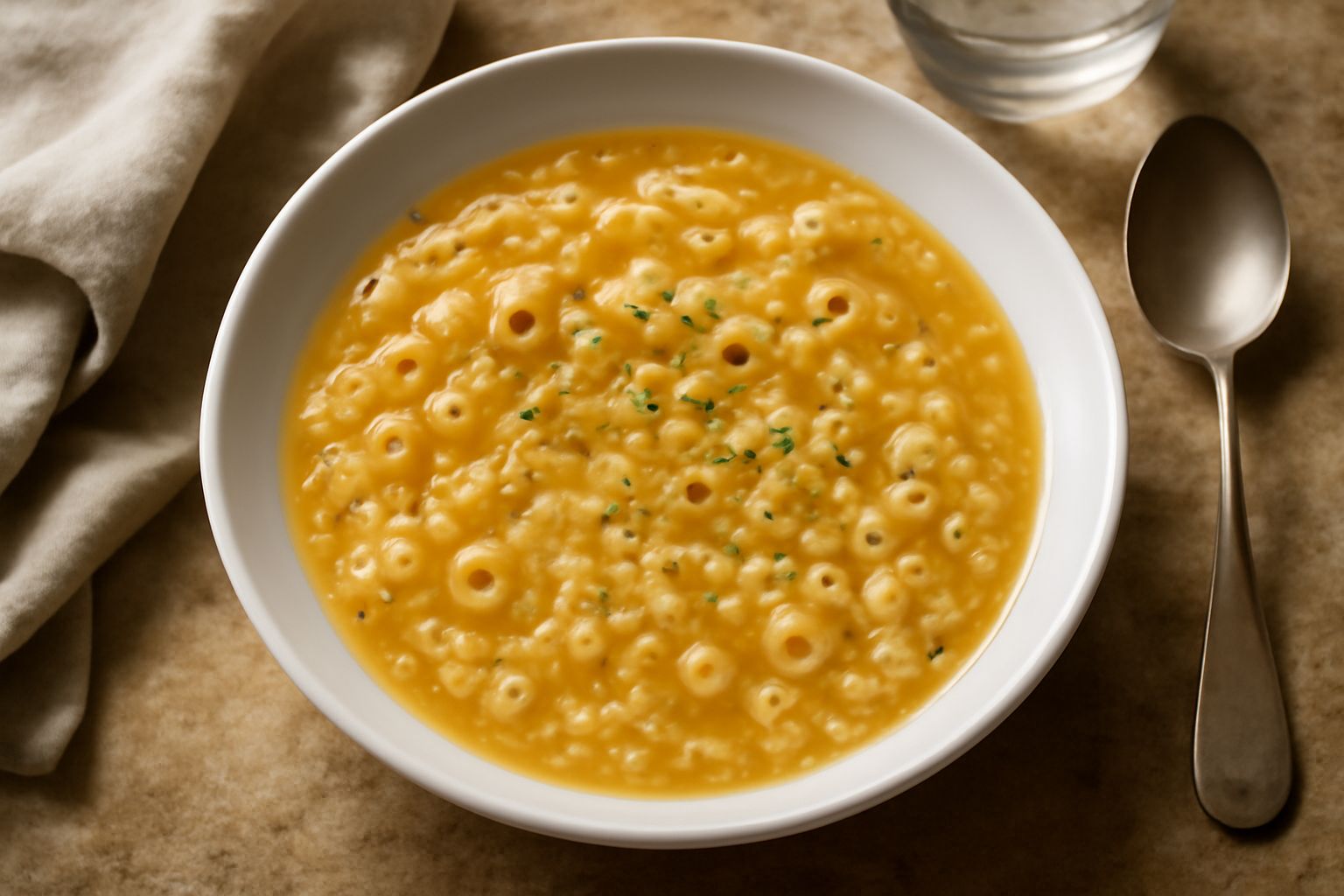 Pastara cremosa in ciotola bianca, con pasta corta e riso visibili nel brodo biondo, gocce d'olio in superficie, grana grattugiata e pepe nero