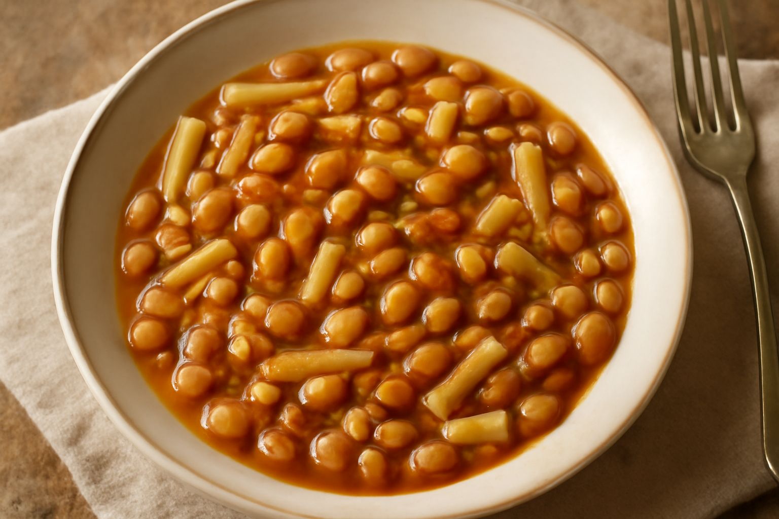 Piatto fondo di ceramica bianca con pastasciutta e fagioli: pasta tubetti o ditali di color biondo scuro, fagioli bianchi e rossi visibili, brodo denso marrone dorato, filo d'olio d'oliva verde sulla 