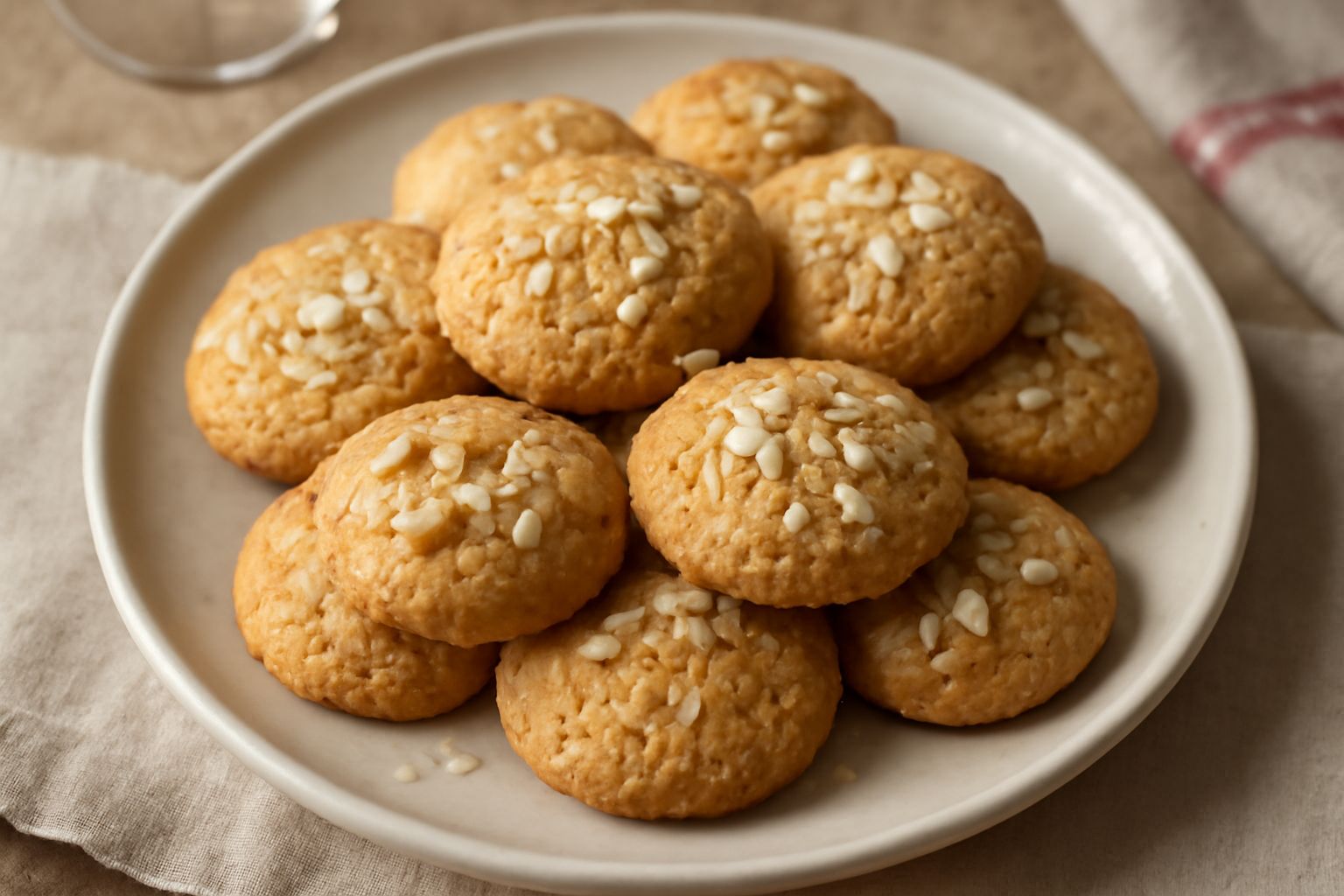 Biscotti alle mandorle color avorio-dorato con superfice croccante e screpolata, disposti su una carta da forno beige, con mandorle intere e avanzi di granella di zucchero visibili accanto