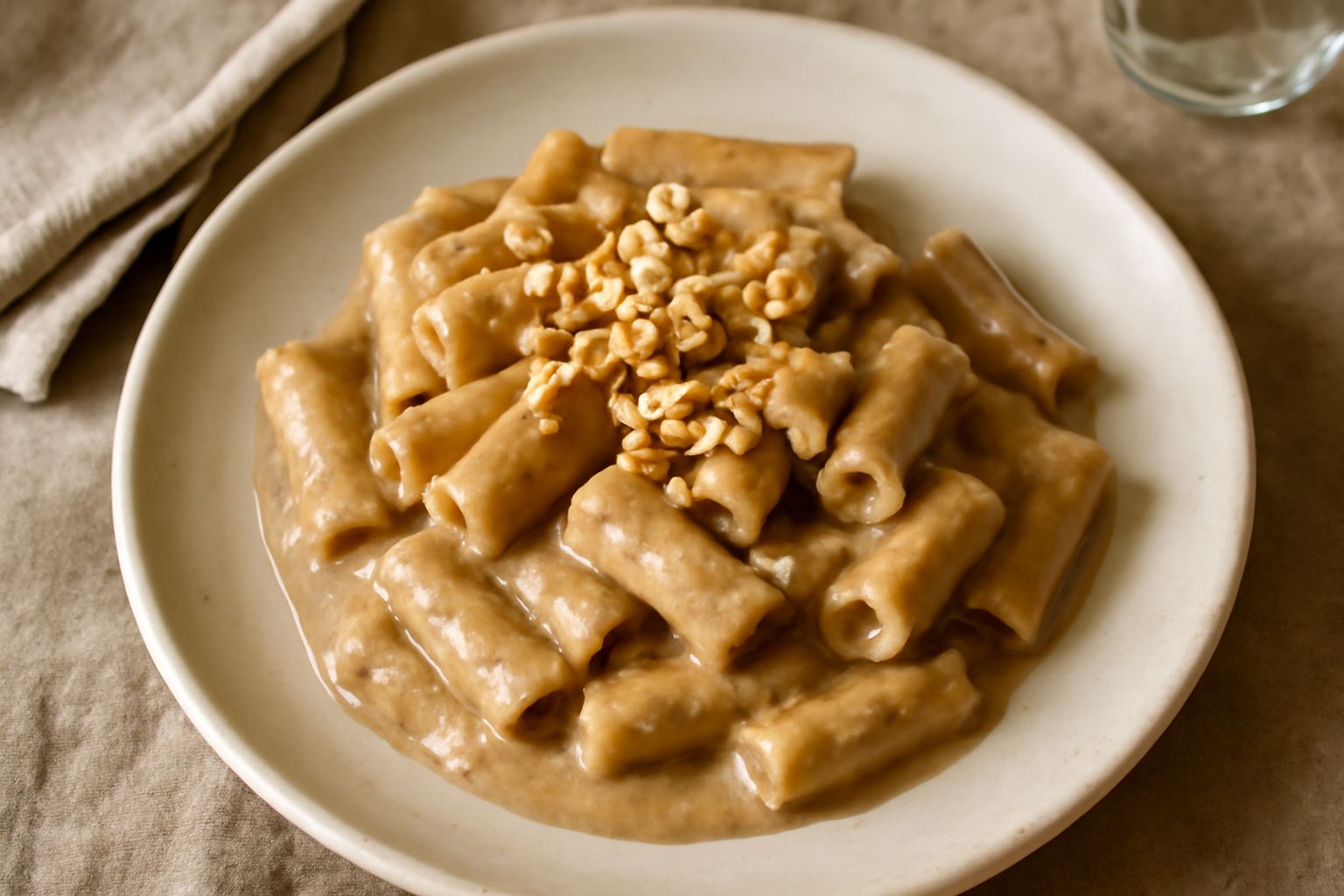 Un piatto fondo bianco con pasta corta rivestita di salsa marrone chiara alle nocciole, guarnita con scaglie di nocciola tostata e un filo di olio extravergine, su fondo di legno chiaro
