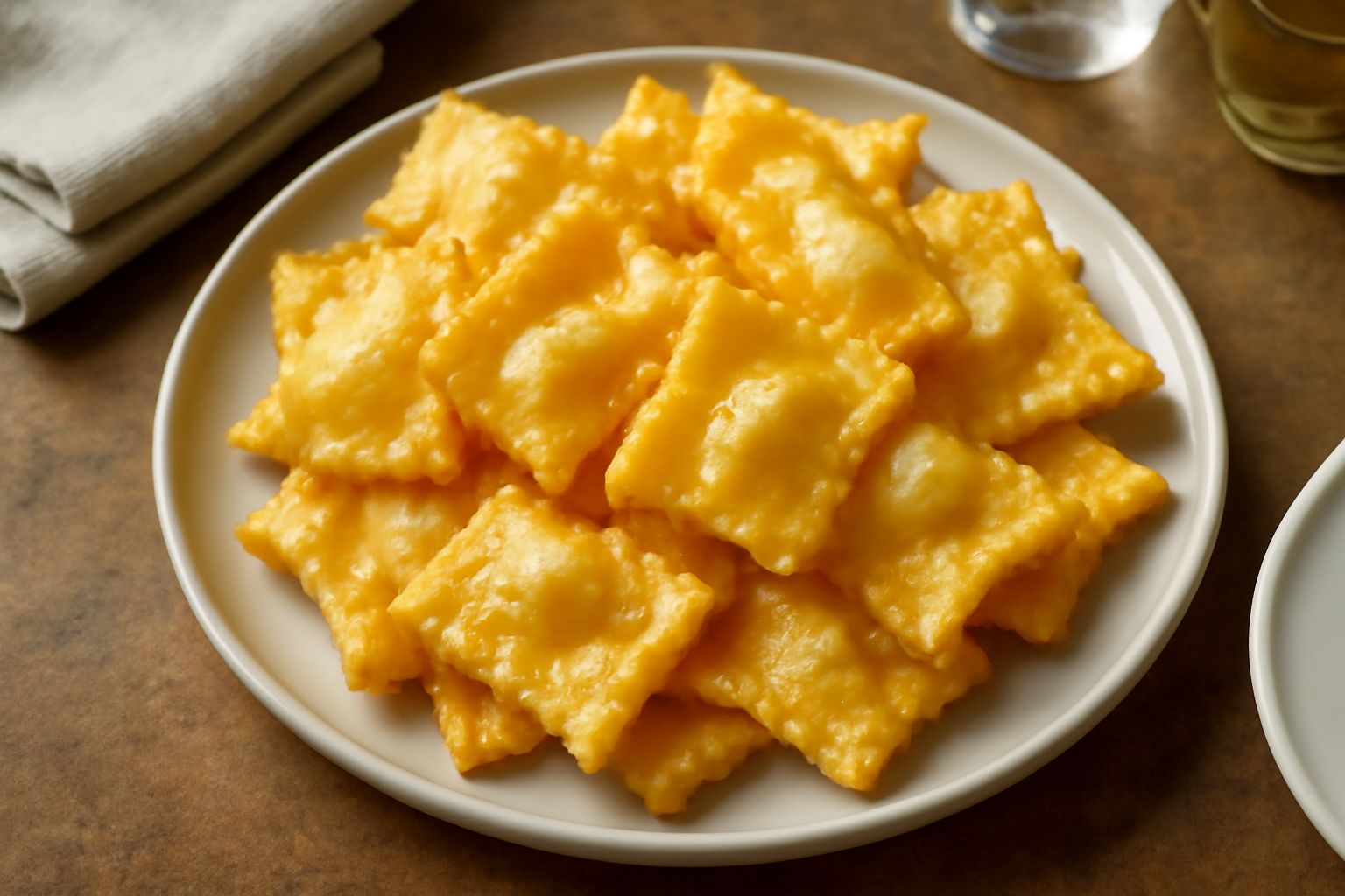 Paste all'uovo fritte dorate e croccanti appena tolte dall'olio, disposte su carta assorbente bianca, con sale fino sparso in superficie e un piatto bianco di fondo
