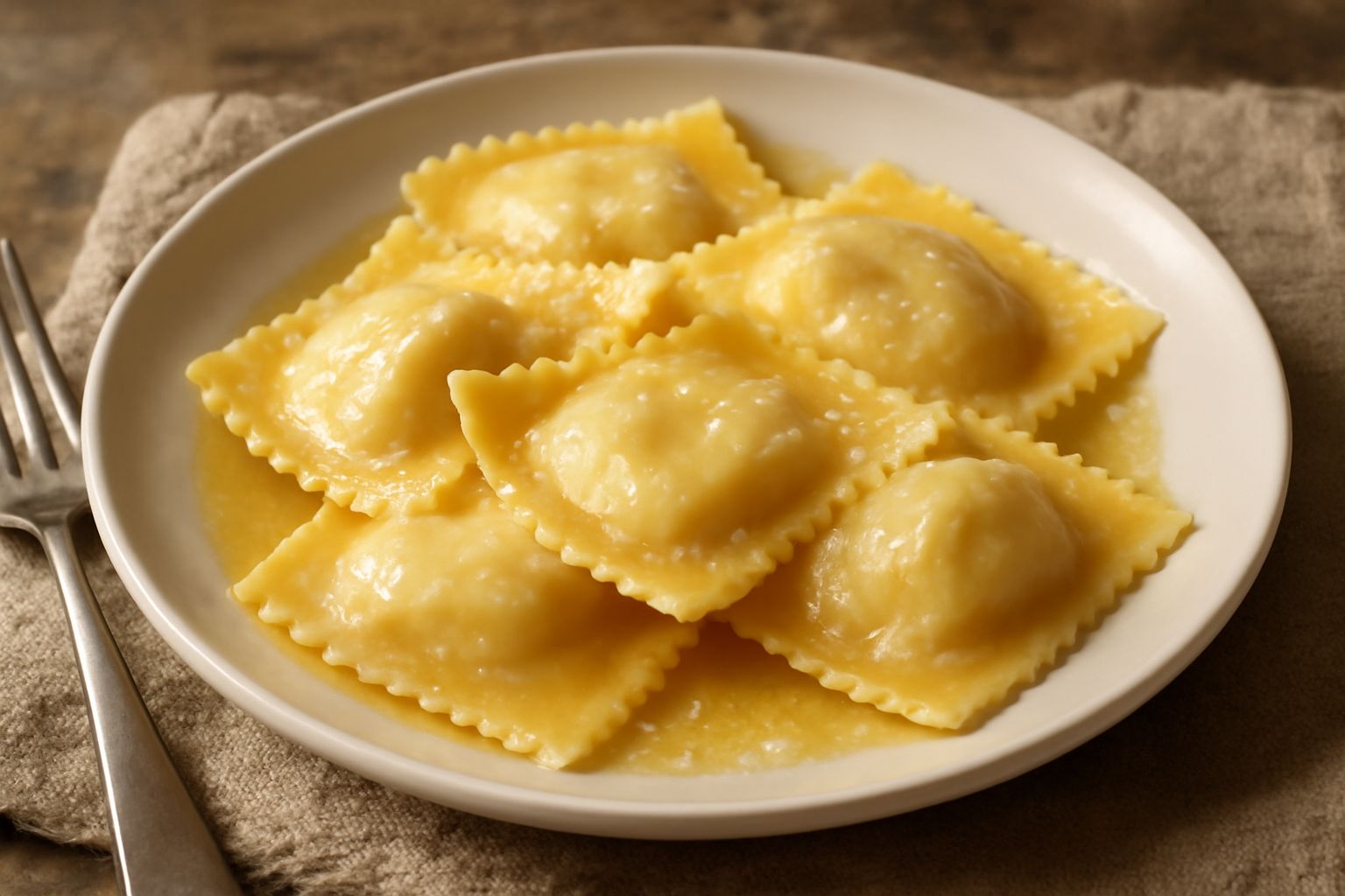 Piatto bianco con tre paste ripiene di formaggio appena cotte, ricoperte di burro fuso dorato e parmigiano grattugiato fresco; contorno di salvia verde; fondo grigio scuro.