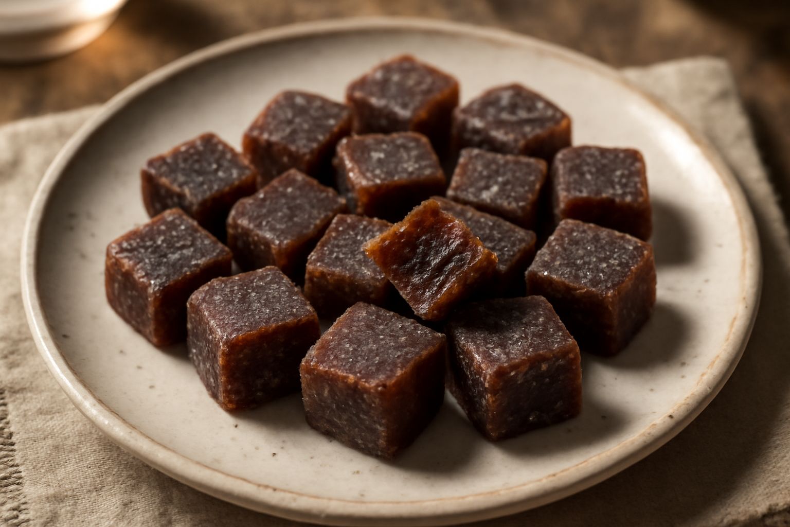 Paste d'amaro di forma cubica, color marrone scuro e ambrato, disposte su un piatto bianco con polvere di zucchero; sullo sfondo bustine di erbe secche e un cucchiaio di legno con estratto vegetale