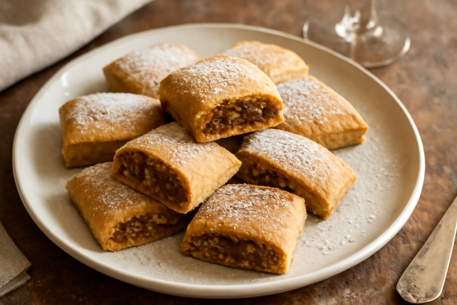 Paste di fichi dorate e morbide disposte in fila su un piatto bianco, con una leggera spruzzata di zucchero di canna sulla superficie, sfondo di farina e noci sgusciate