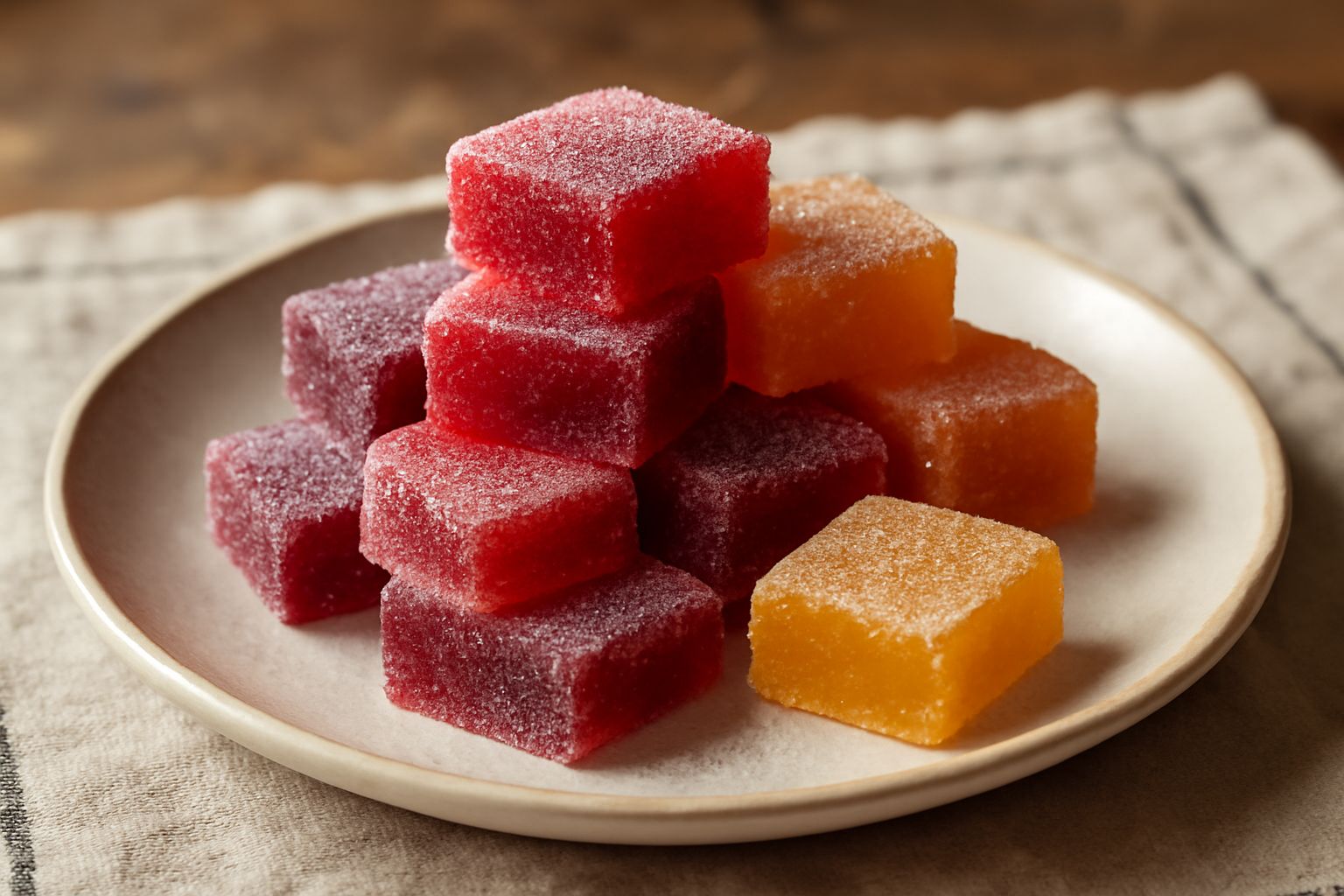 Paste di frutta quadrate e rettangolari dai colori naturali rosso, arancio e giallo, coperte da una leggera patina di zucchero semolato, disposte su carta pergamena bianca
