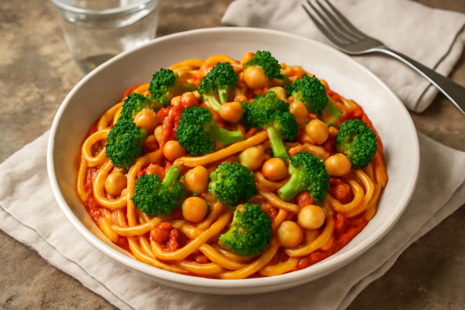 Un piatto di pasta condita con broccoli verdi, ceci bianchi, pomodoro rosso e olio dorato, con un cucchiaio di legno accanto, su tavolo rustico di legno chiaro