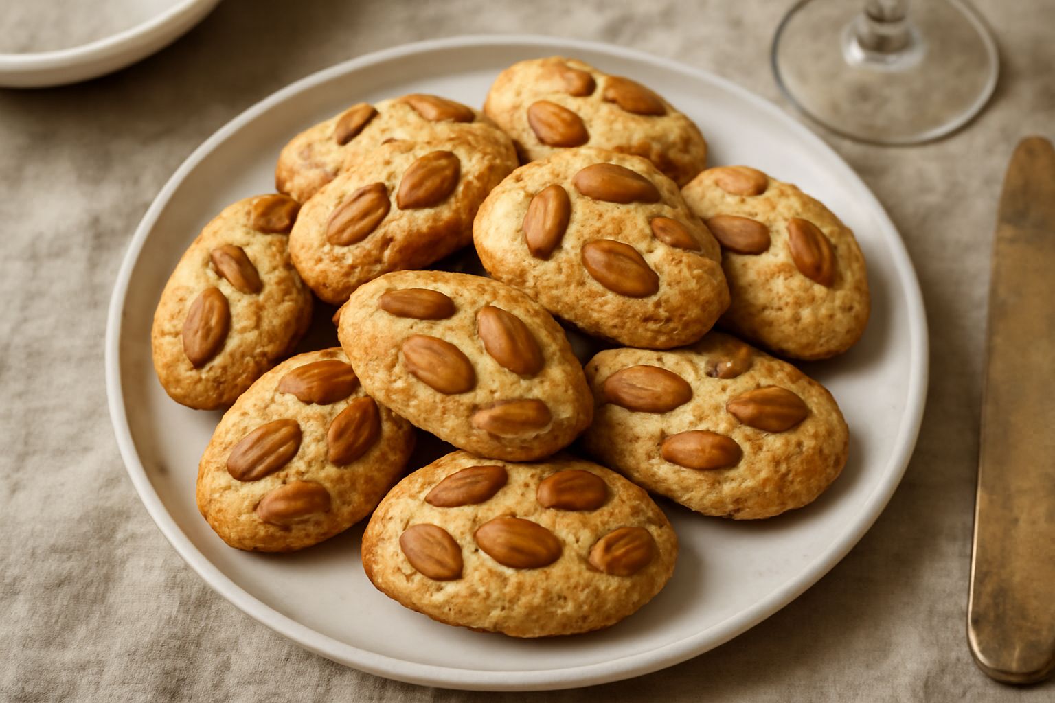 Paste di mandorla dorate e croccanti disposte su carta forno, dalla forma ovale leggermente bombata, con mandorle intere visibili sulla superficie e riflessi dorati sotto la luce