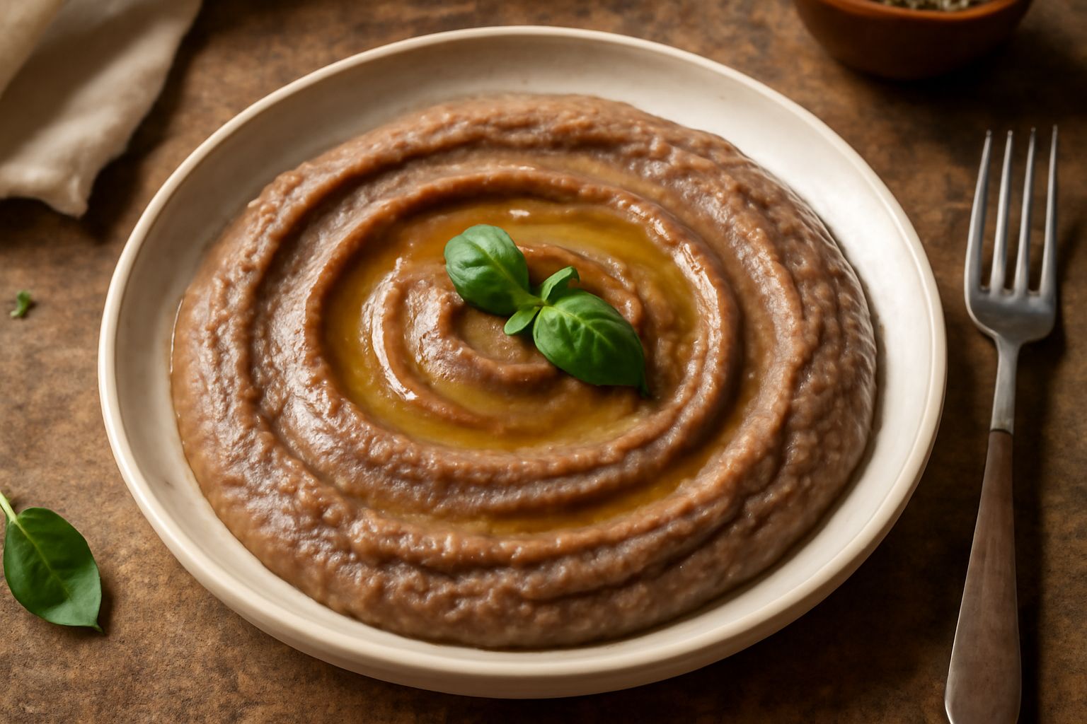 Ciotola di ceramica bianca con pasta di melanzane cremosa e marrone scuro, con superficie rugosa, guarnita con una foglia di basilico fresco e filo di olio d'oliva, accanto fette di pane tostato su pi