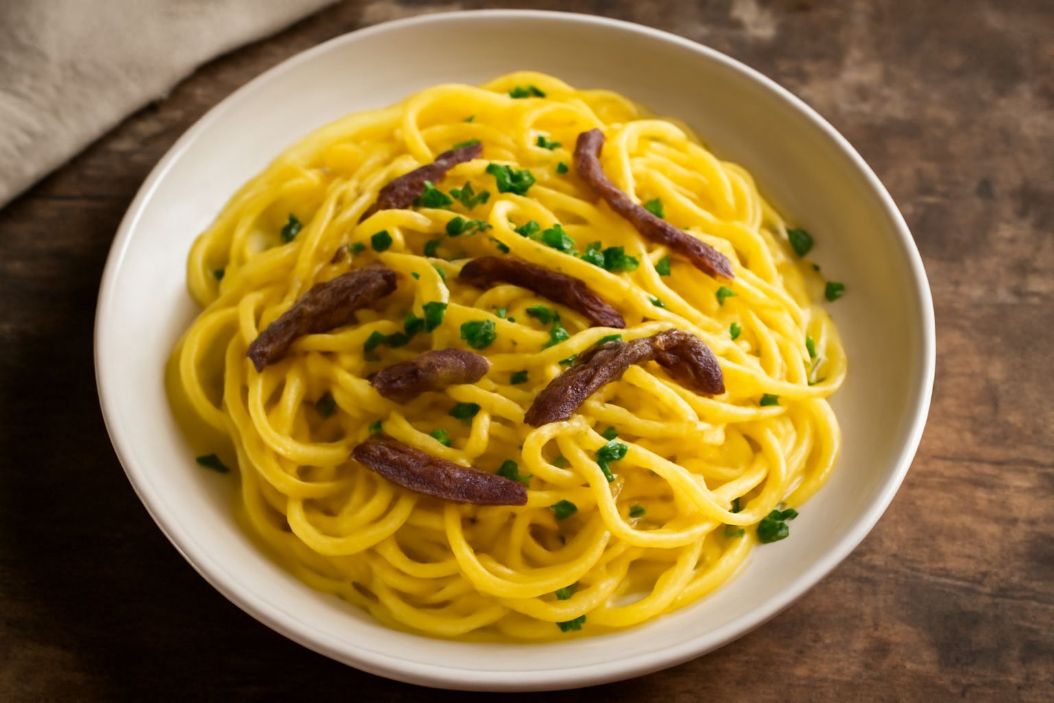 Piatto bianco con paste di meliga color giallo cremoso condite con acciughe scure, gocce di olio brillante, pepe nero e prezzemolo fresco, con filo di olio attorno al piatto