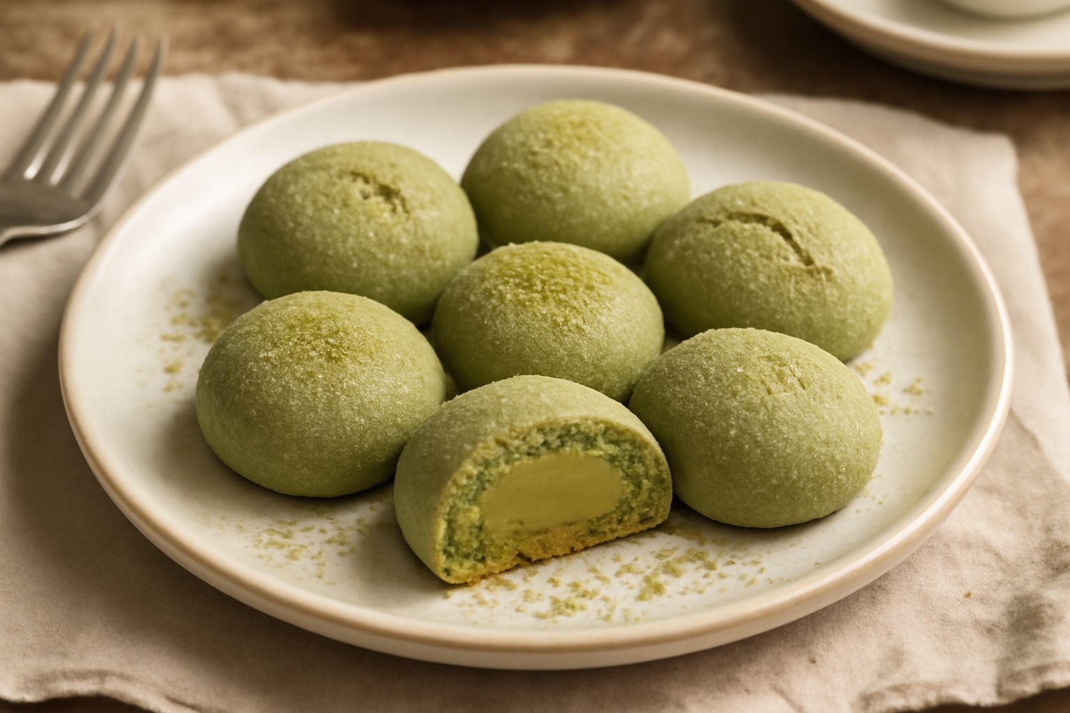 Paste di pistacchio rotonde e lisce, color verde salvia con sfumature più scure, disposte su un piatto bianco. La superficie è leggermente lucida, una pasta è tagliata a metà mostrando il ripieno crem