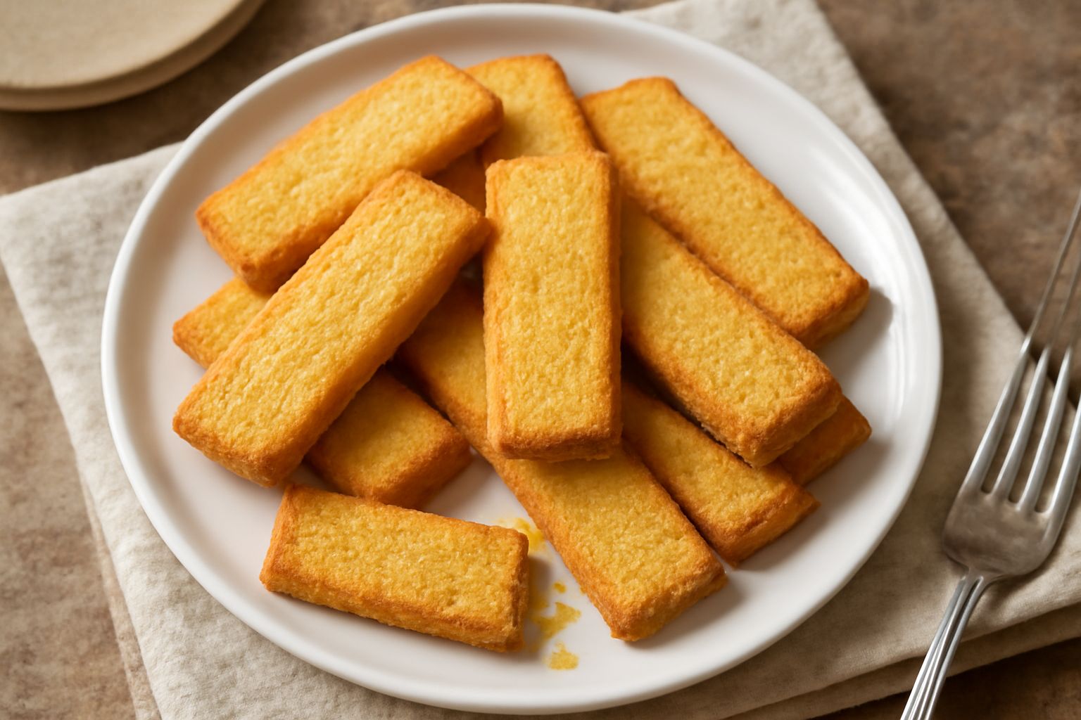 Paste di polenta dorate e croccanti disposte su un piatto bianco, con i bordi leggermente scuri, texture granulare visibile, accanto una tazza di latte